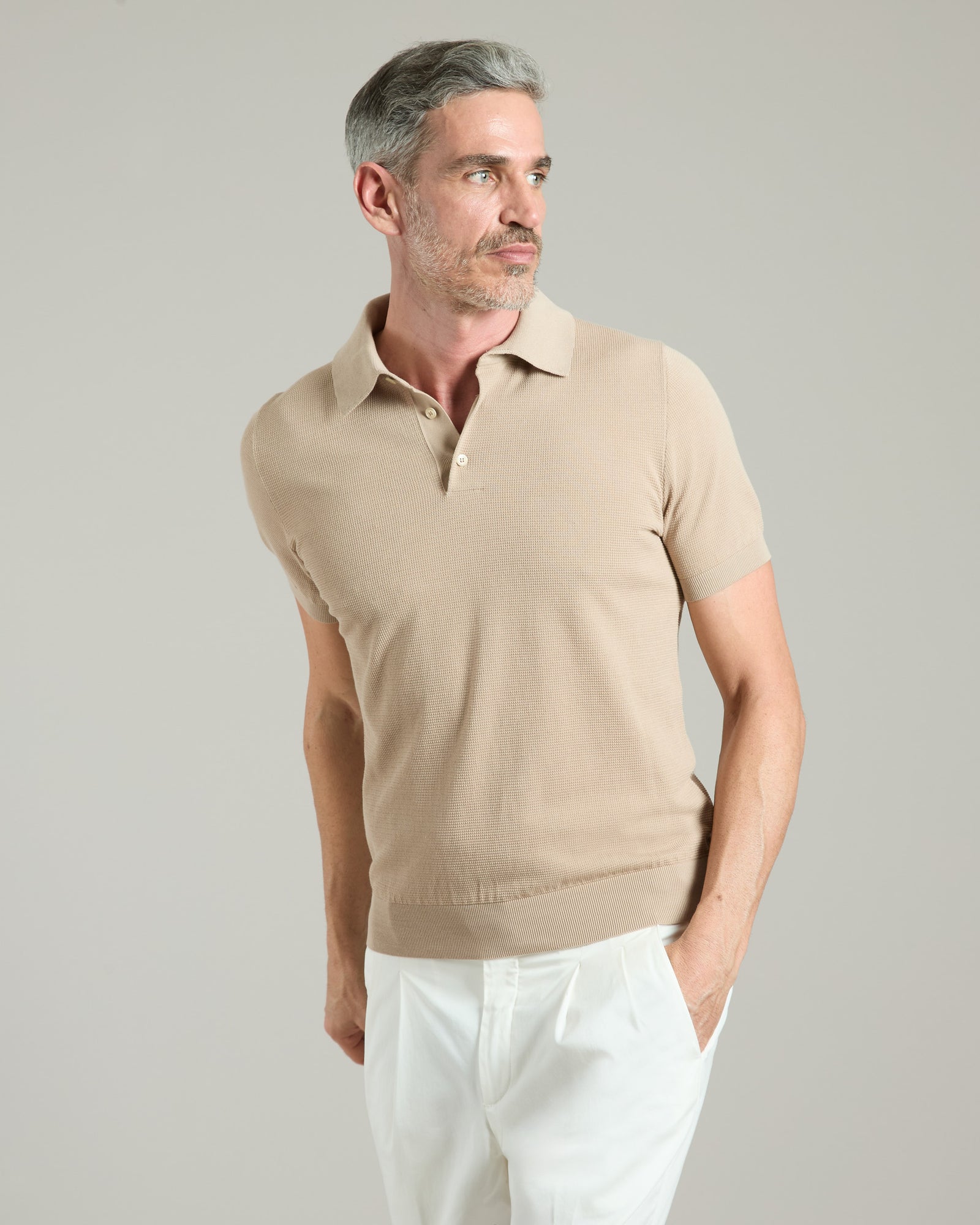 Beige cotton 3D stitch polo shirt