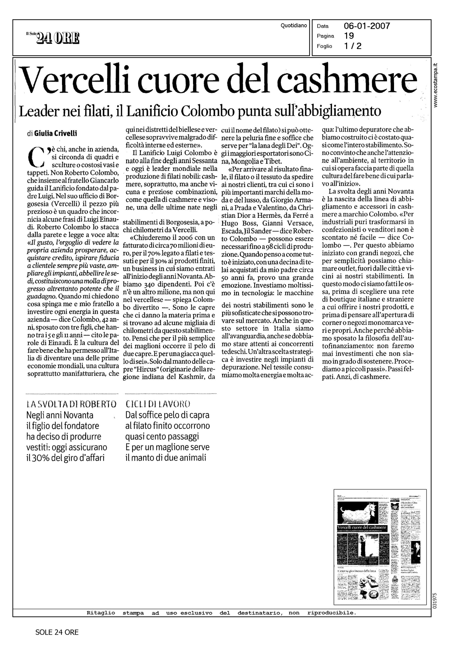 IlSole24Ore - Vercelli cuore del cashmere