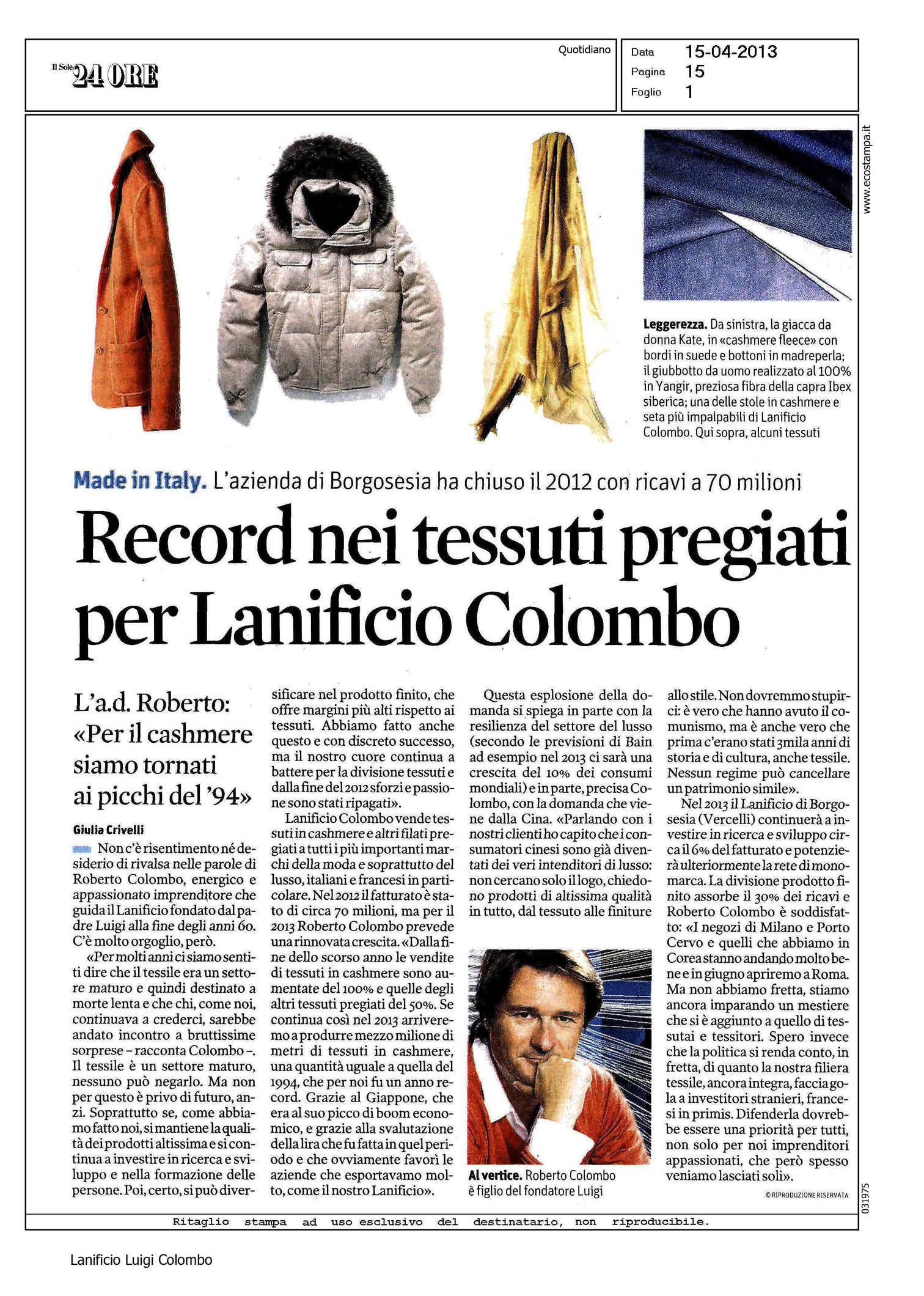 Il Sole 24 Ore - Record nei tessuti pregiati per Lanificio Colombo