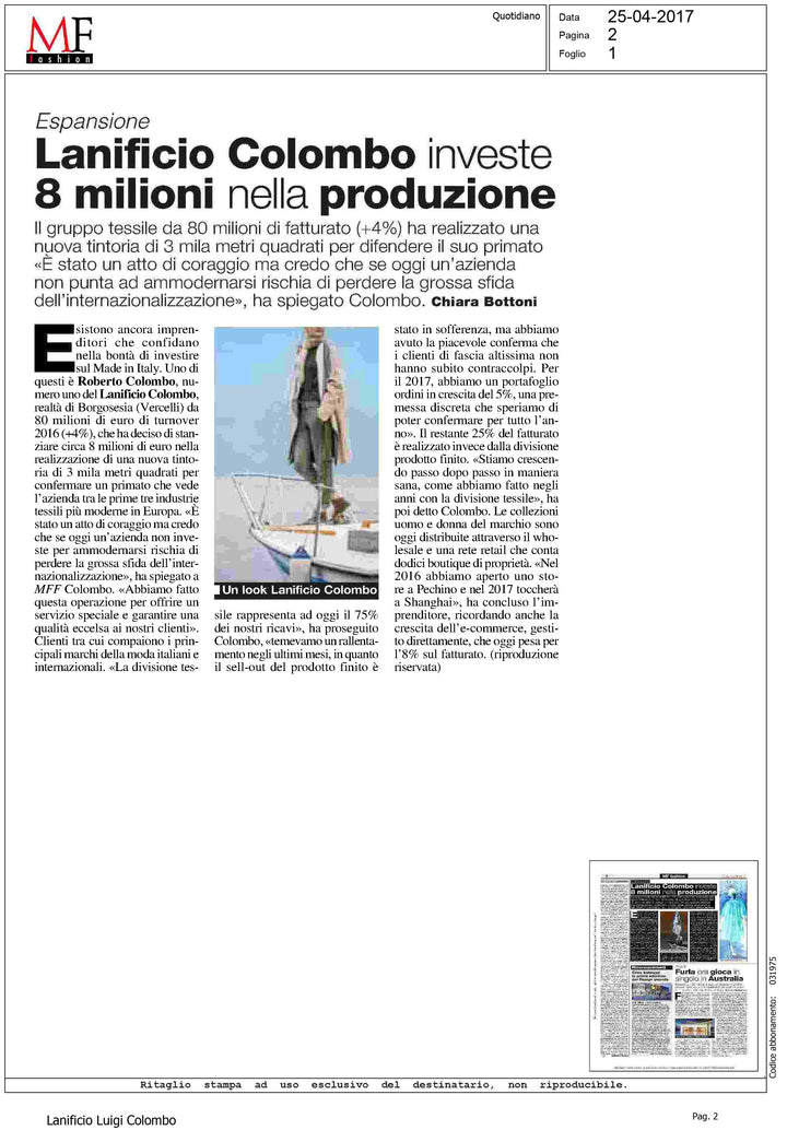 MF FASHION - Lanificio Colombo investe 8 milioni nella produzione