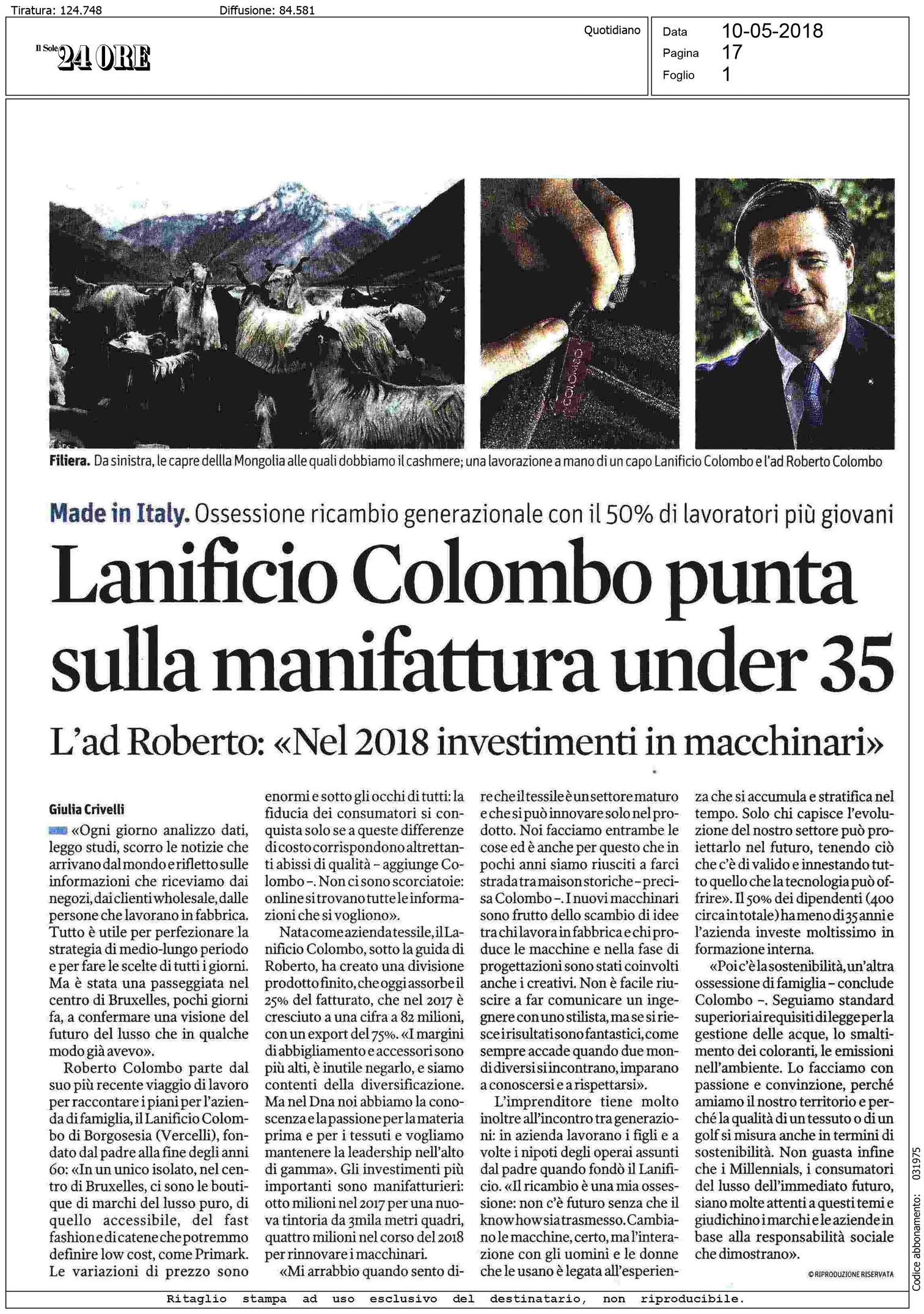 IL SOLE 24 ORE - Lanificio Colombo punta sulla manifattura Under 35
