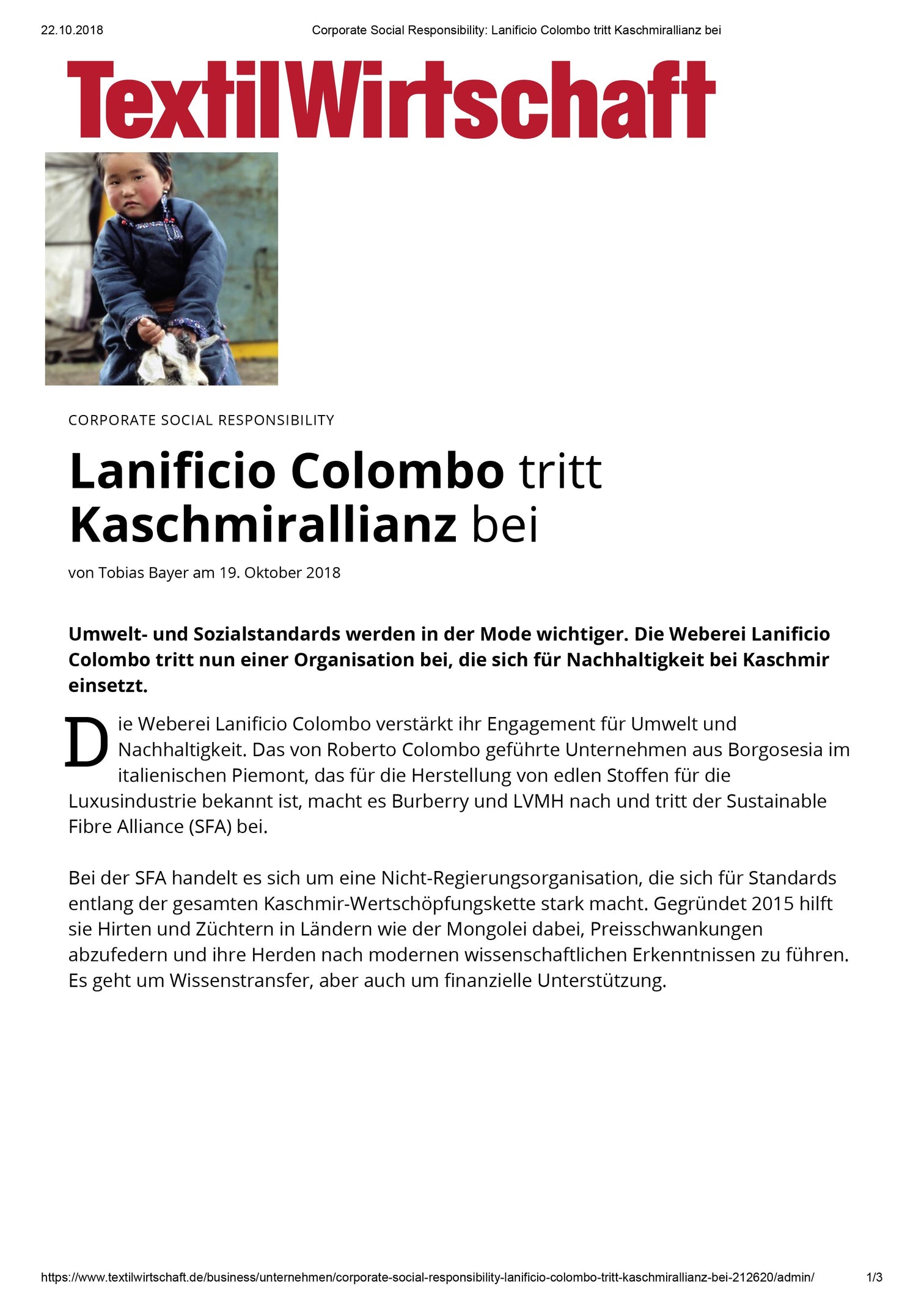 TEXTIL WIRTSCHAFT - Lanificio Colombo tritt Kashmirallianz bei