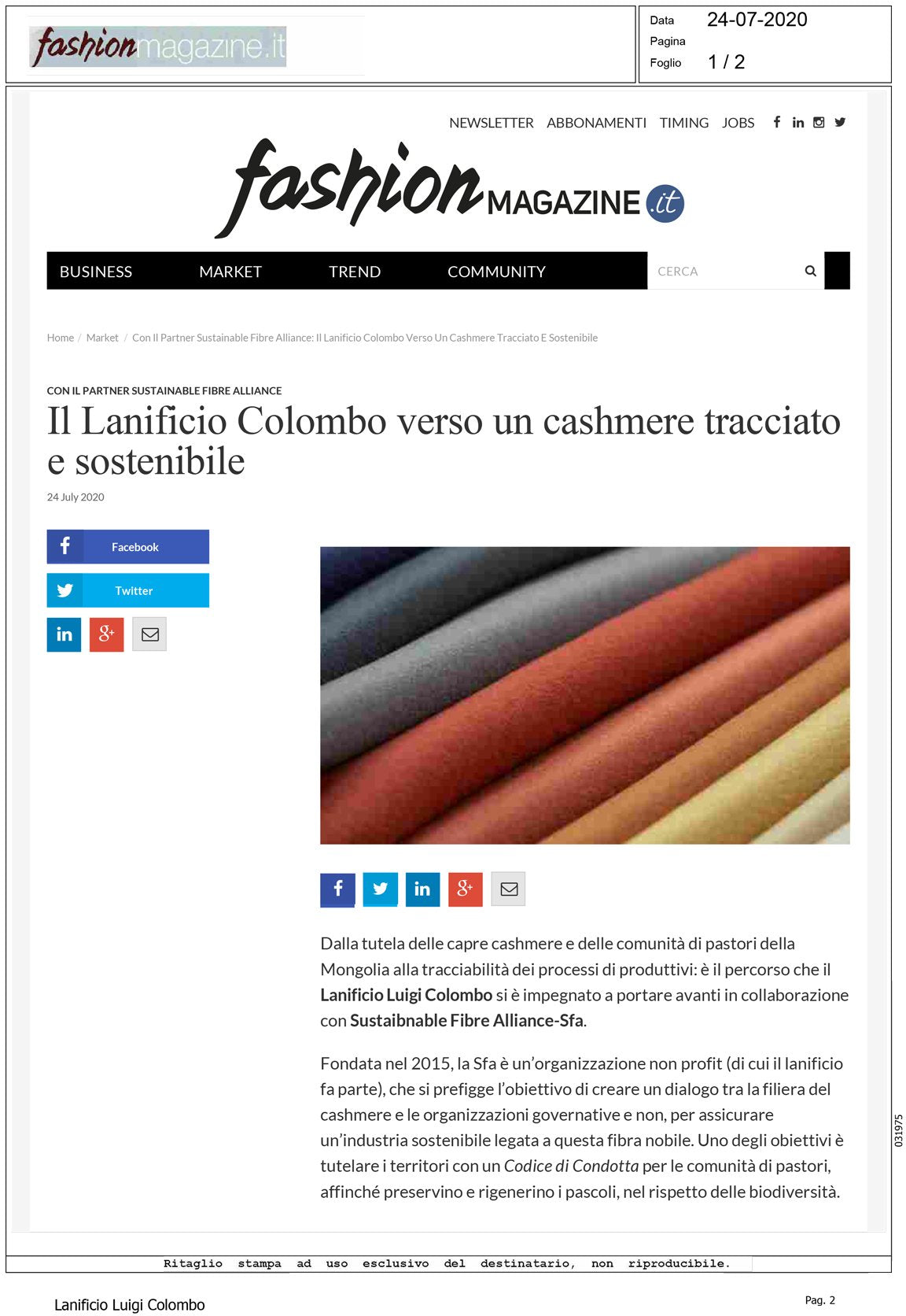 Fashion Magazine - Il Lanificio Colombo verso un cashmere tracciabile