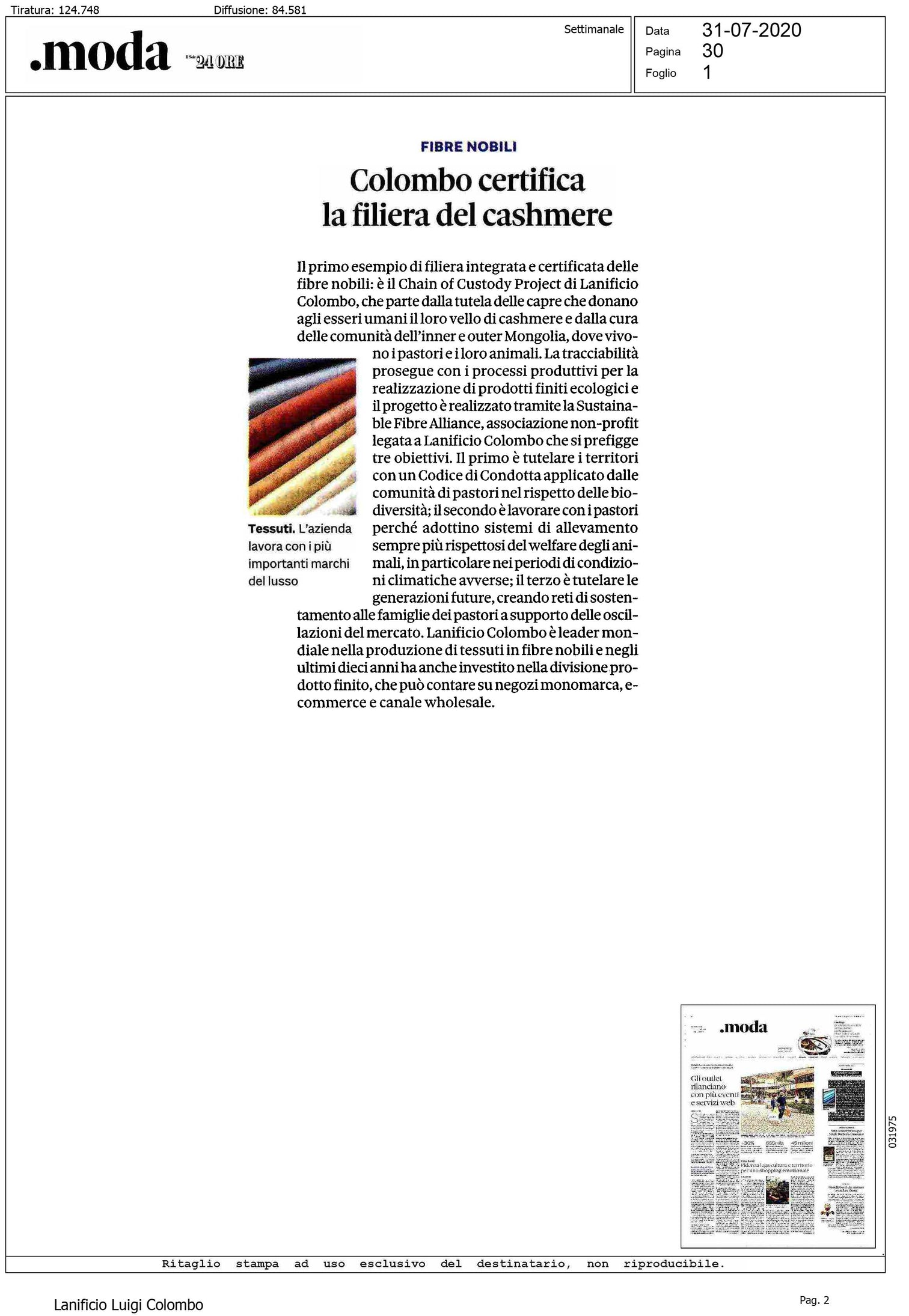 IL SOLE 24 ORE - MODA - COLOMBO CERTIFICA LA FILIERA DEL CASHMERE