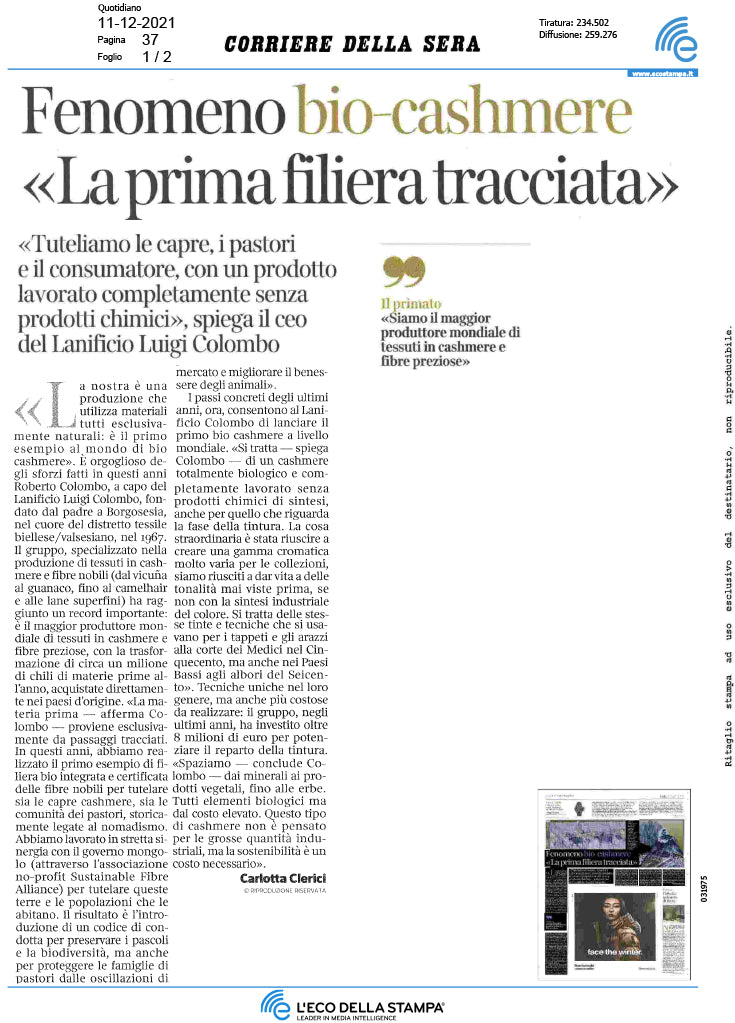 Corriere della Sera  - Fenomeno bio-cashmere "La prima filiera tracciata"