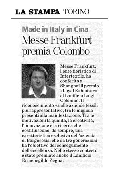 Lanificio Colombo receives the Loyal Exhibitor Award in Shanghai