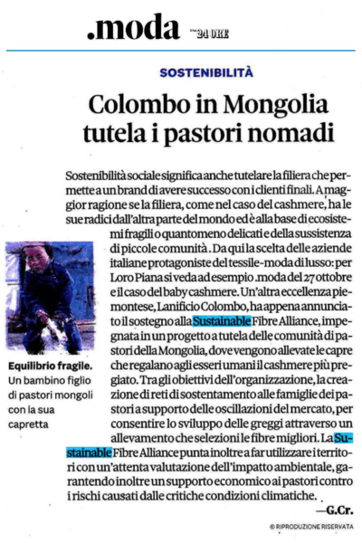 Lanificio Colombo joins the Sustainable Fibre Alliance to help safeguard pastoral ecosystems and preserve biodiversity