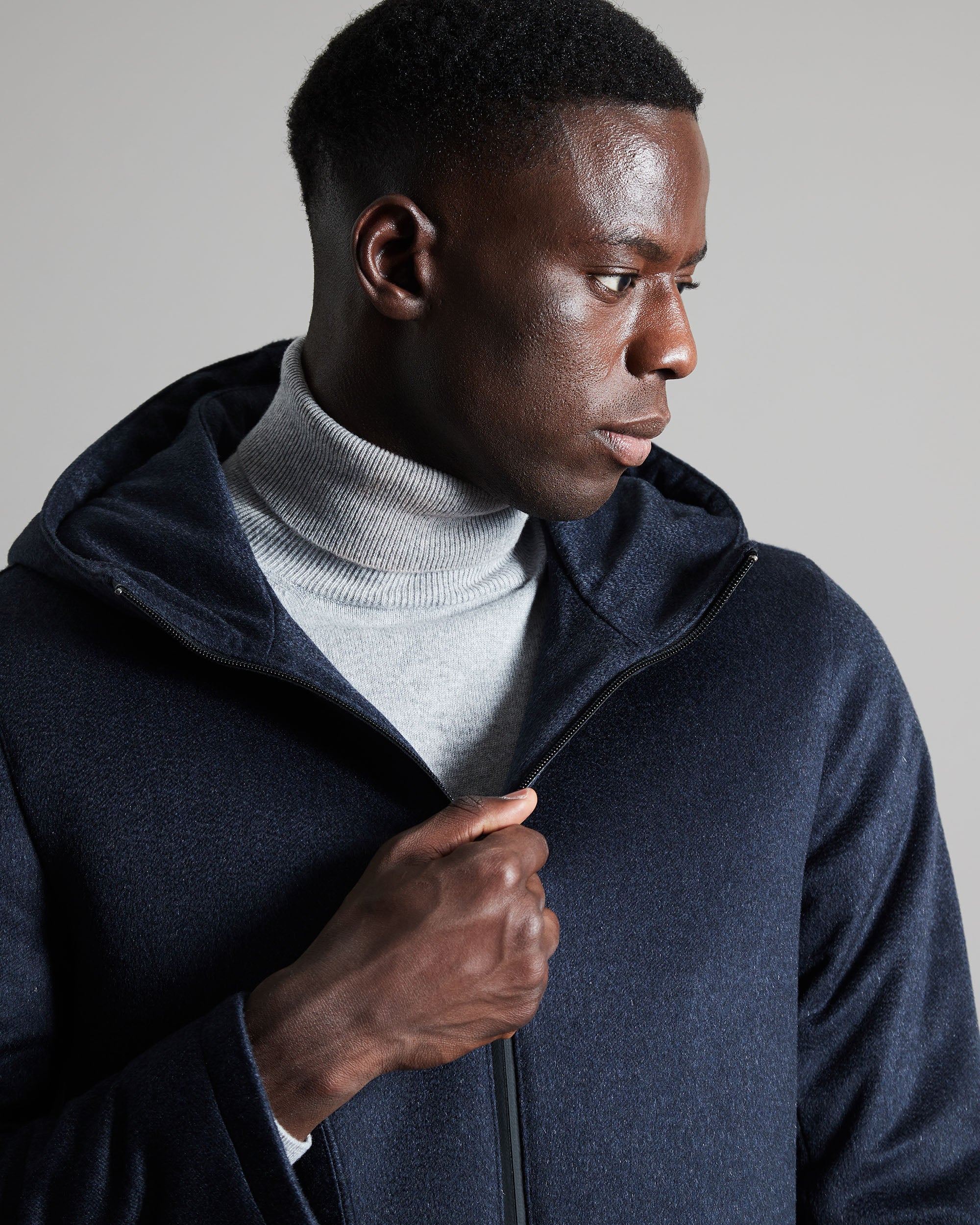 Blue zipped cashmere outerwear with hoodie 3
