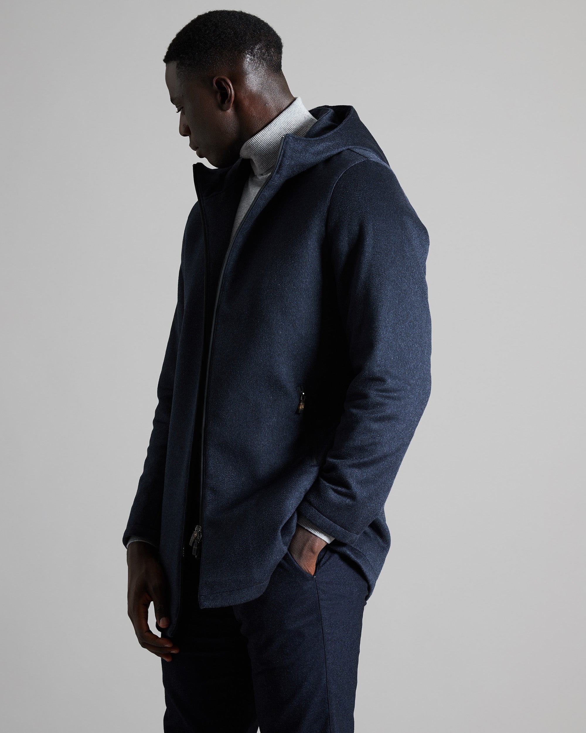 Blue zipped cashmere outerwear with hoodie 2