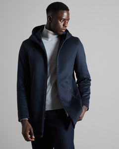 Blue zipped cashmere outerwear with hoodie