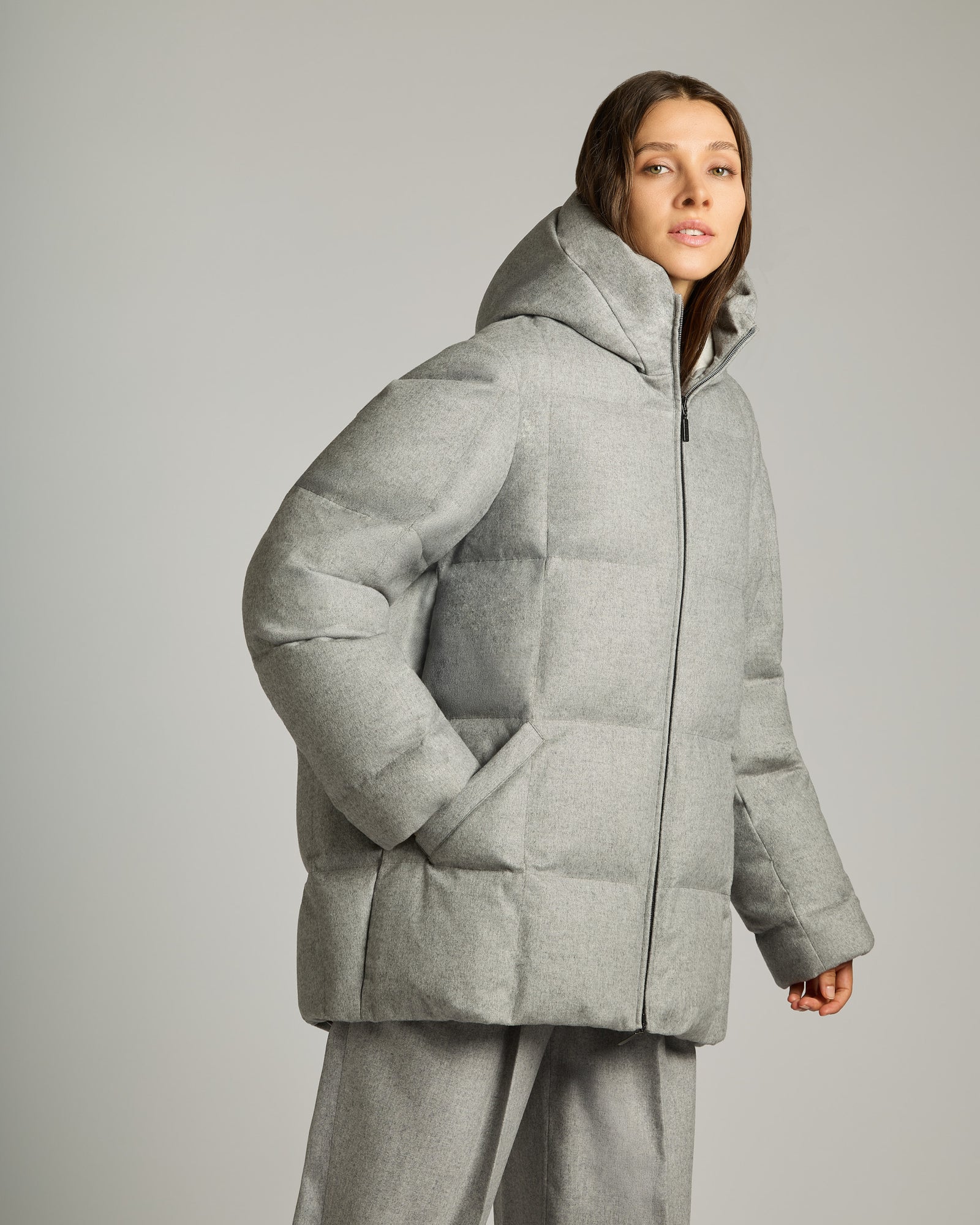 Over-sized Down Jacket in Beige Silk and Cashmere