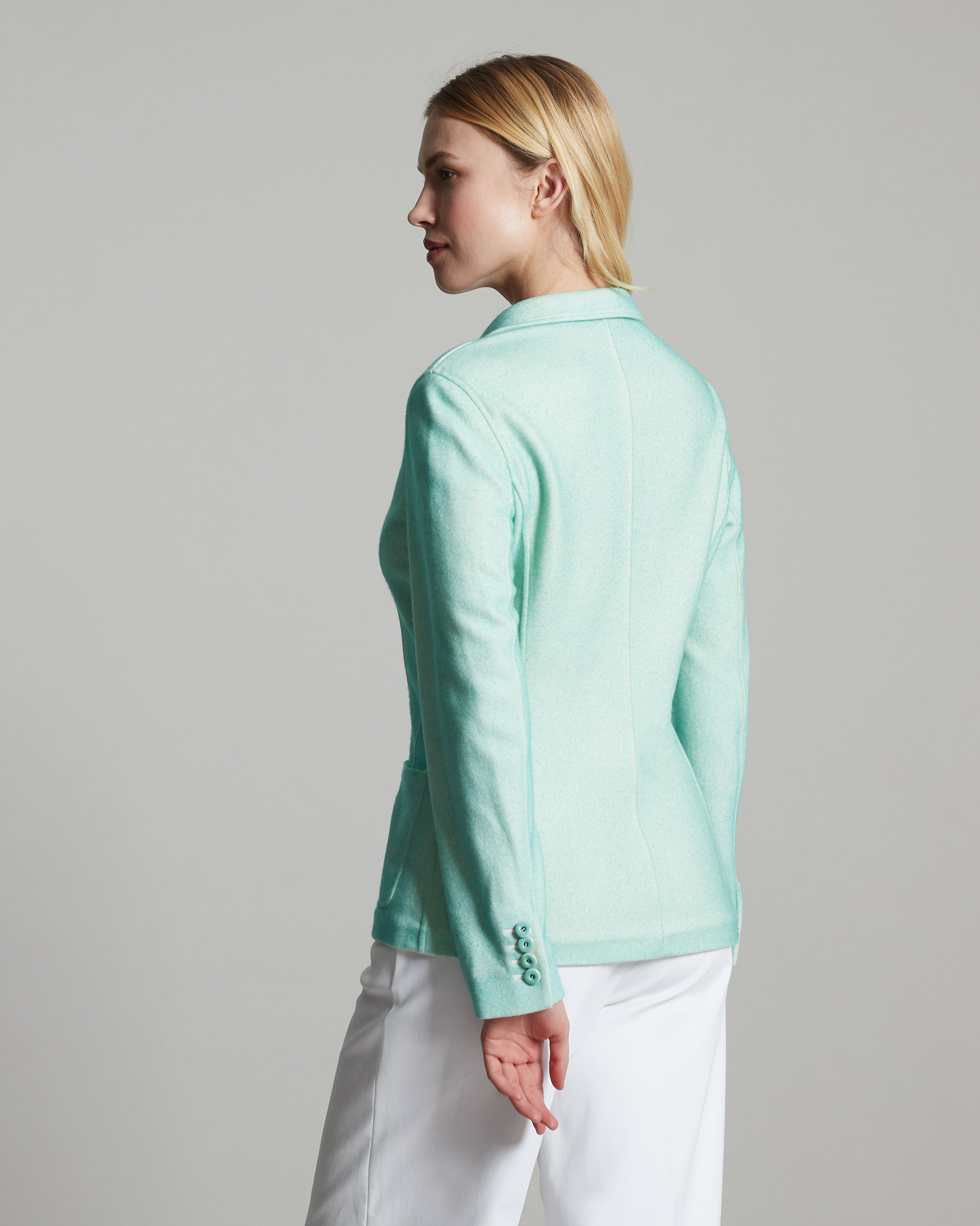 Hand sprayed turquoise cashmere fleece Kate blazer 3