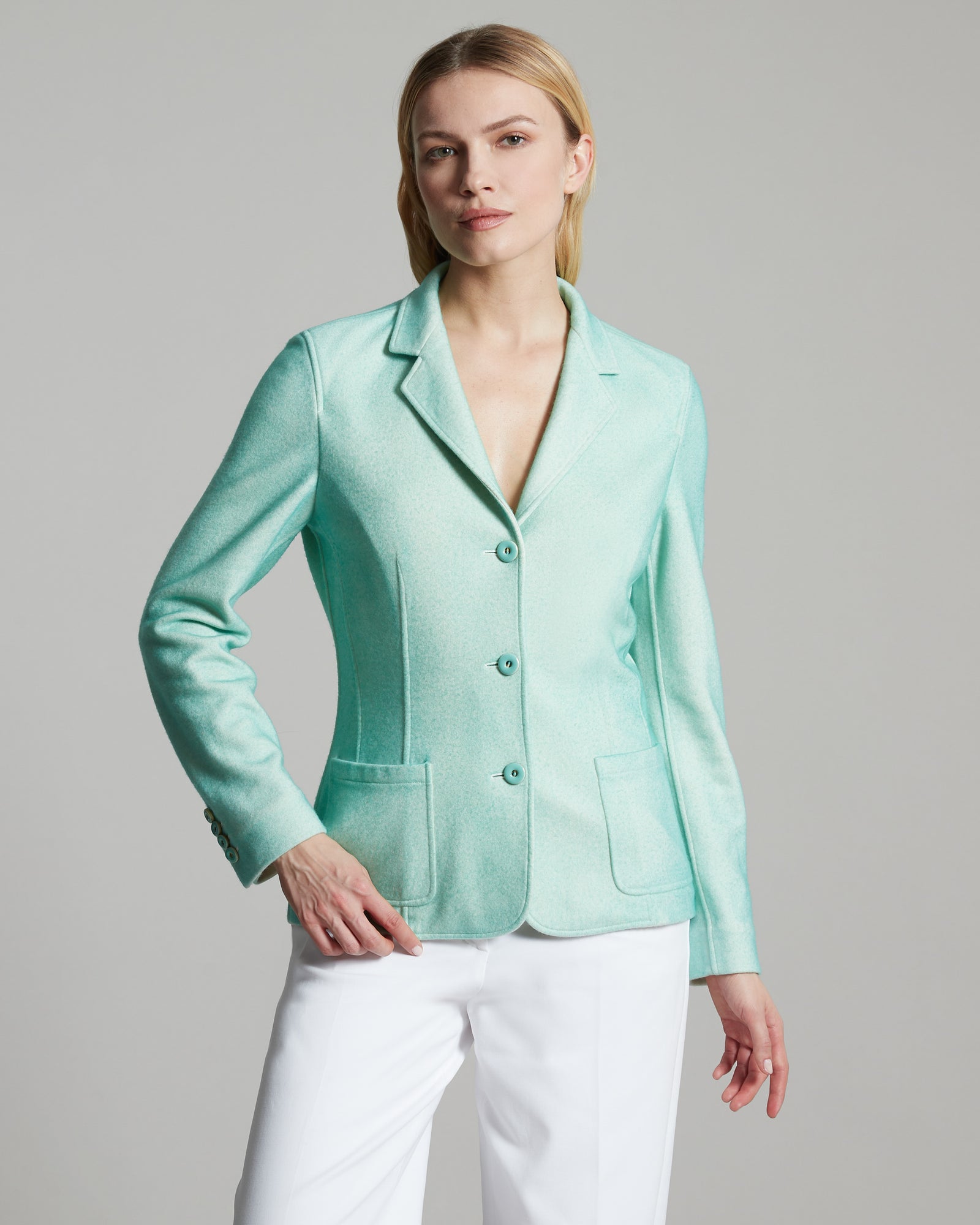 Hand sprayed turquoise cashmere fleece Kate blazer