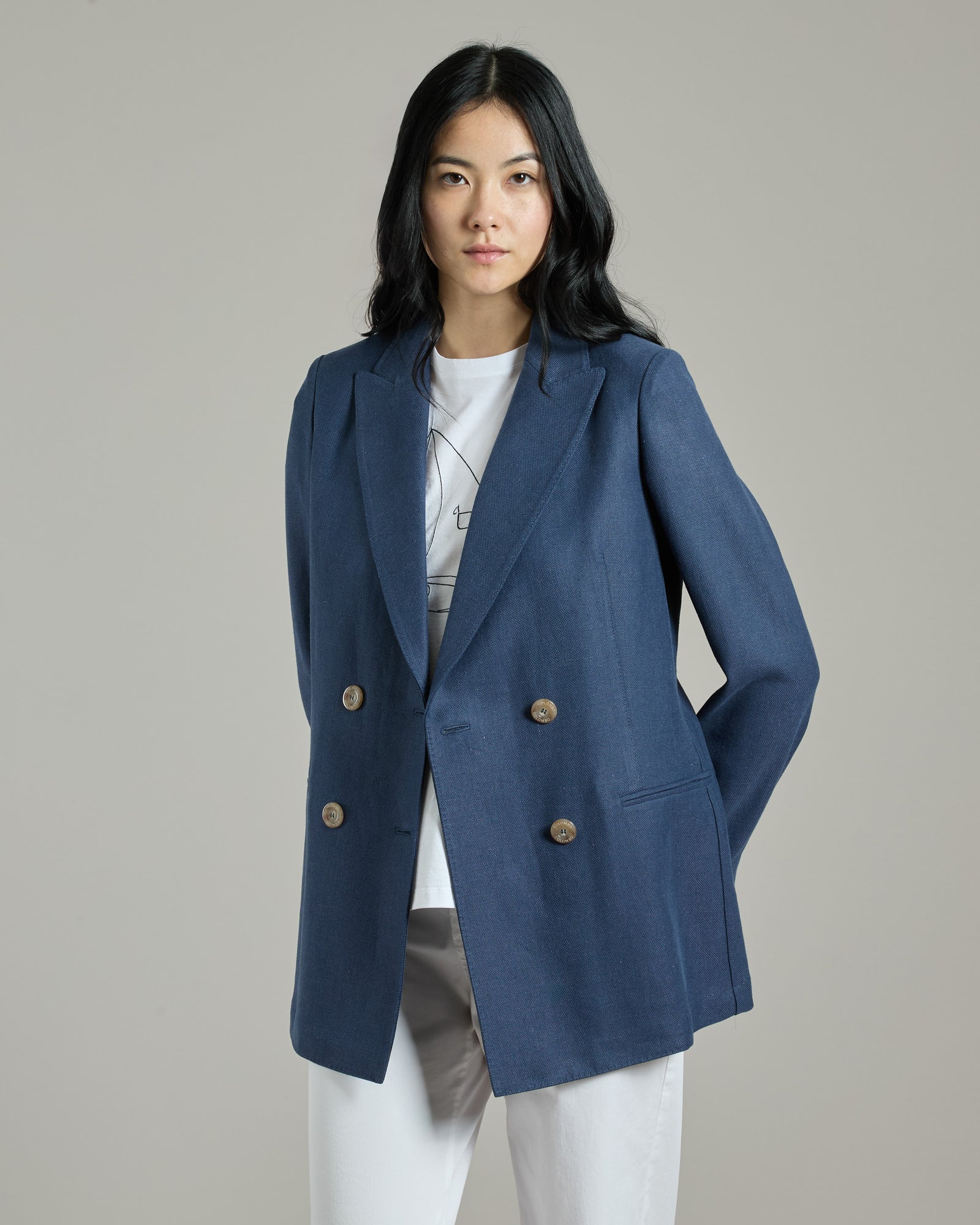 Blue double-breasted jacket in Canvas Linen