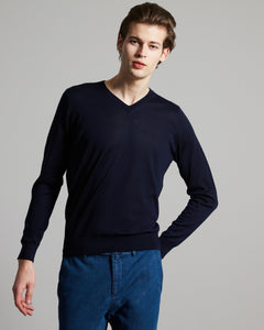 Maglia scollo V in cashmere e seta blu