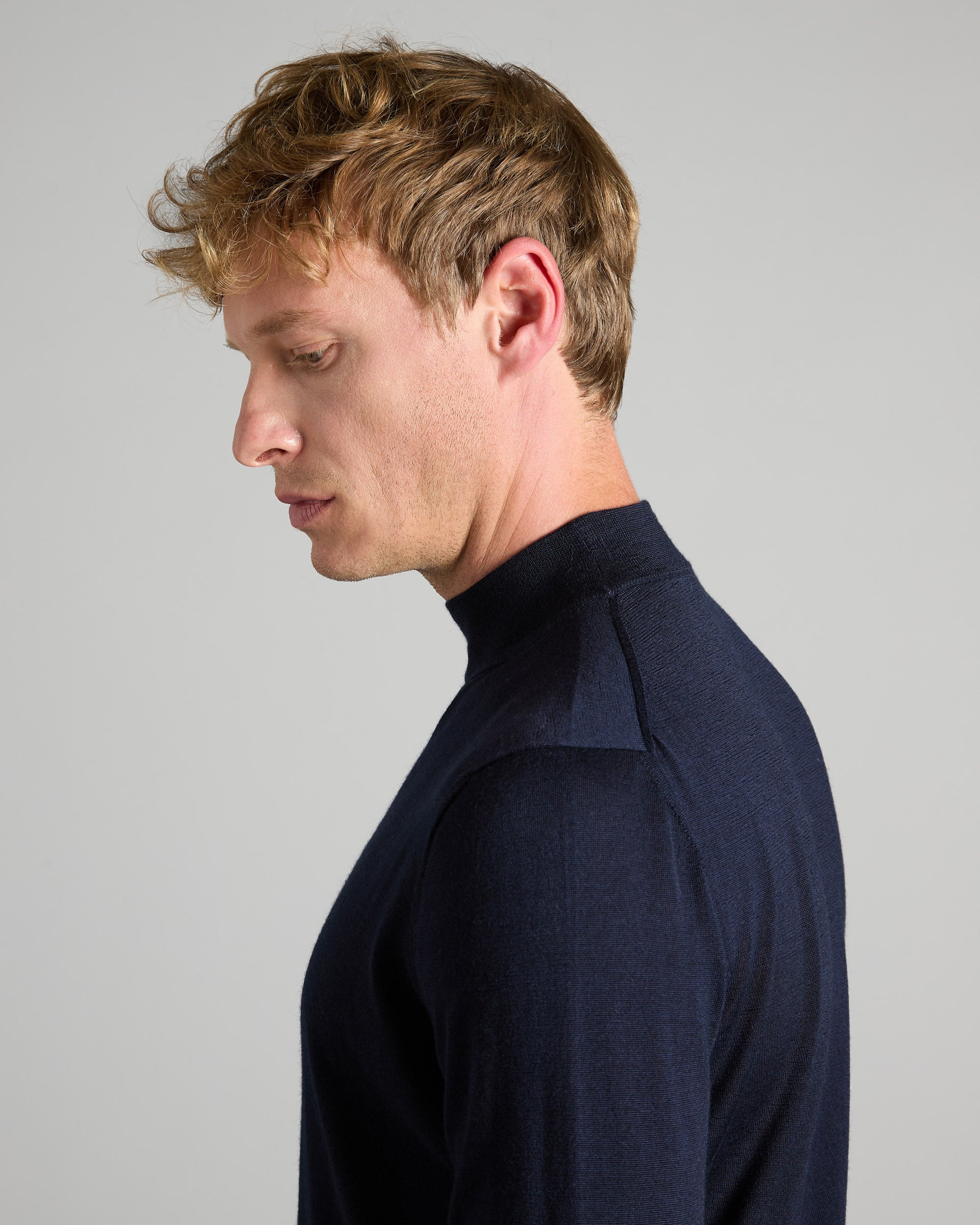 Blue cashmere and silk chimney collar sweater