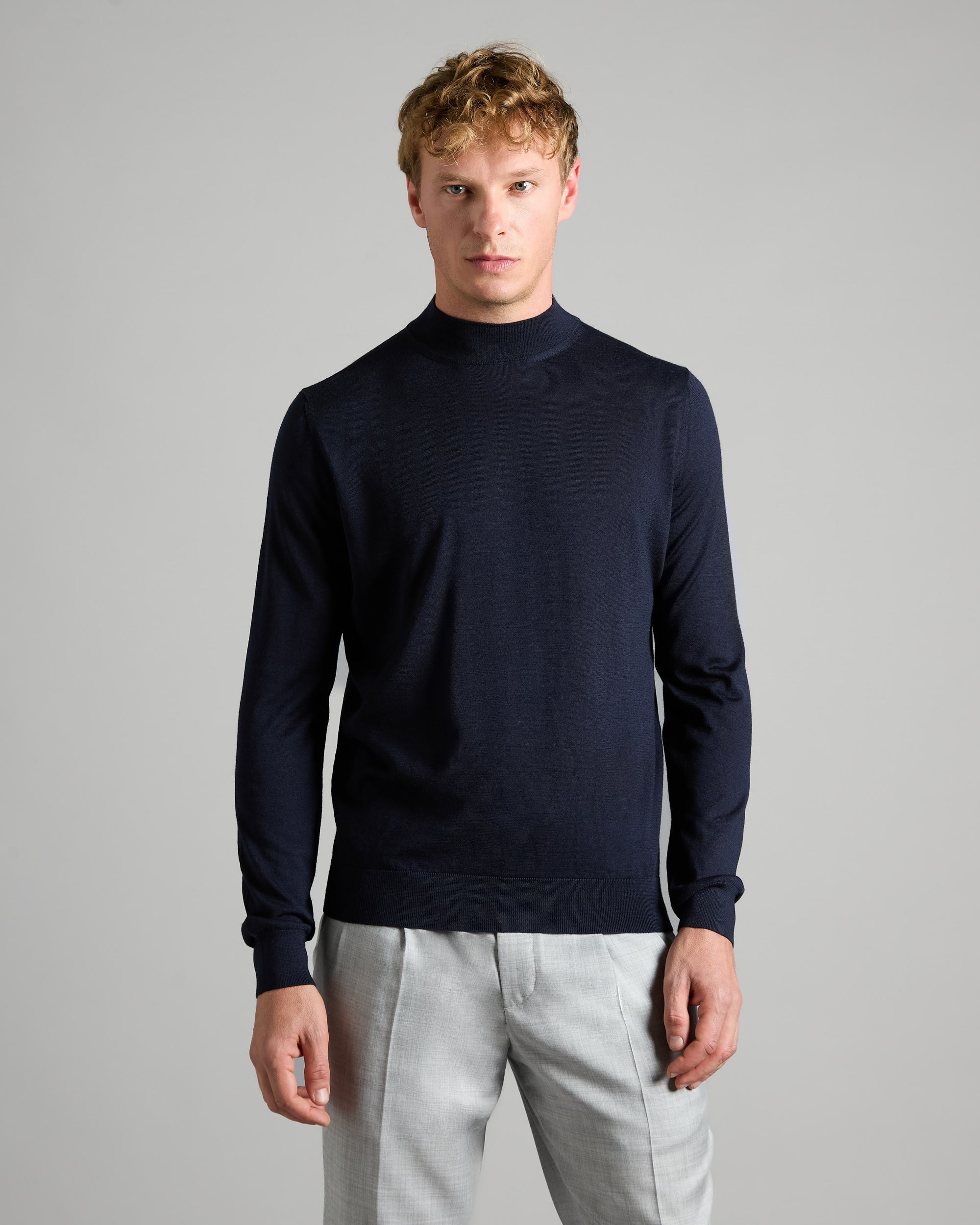 Blue cashmere and silk chimney collar sweater