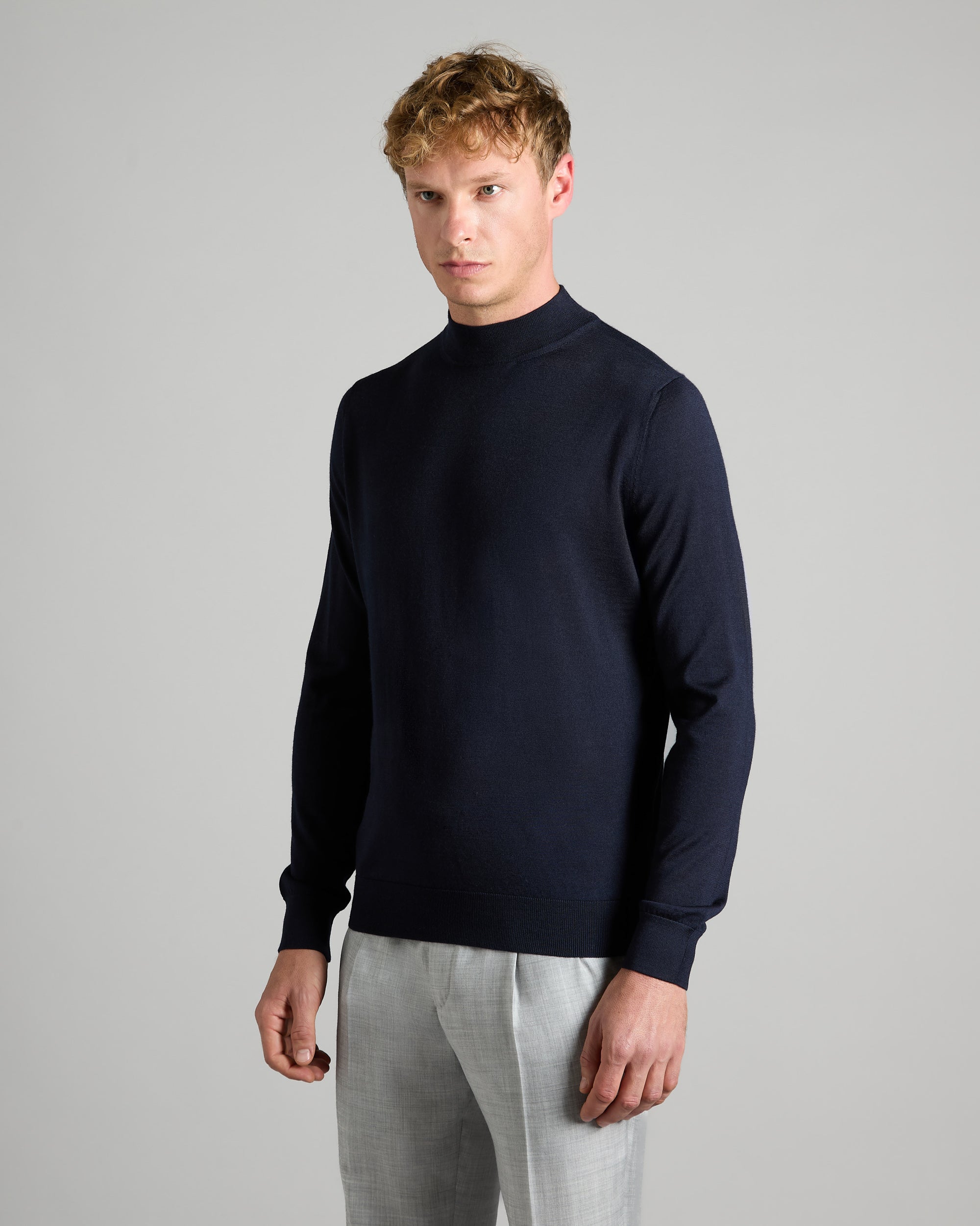 Blue cashmere and silk chimney collar sweater