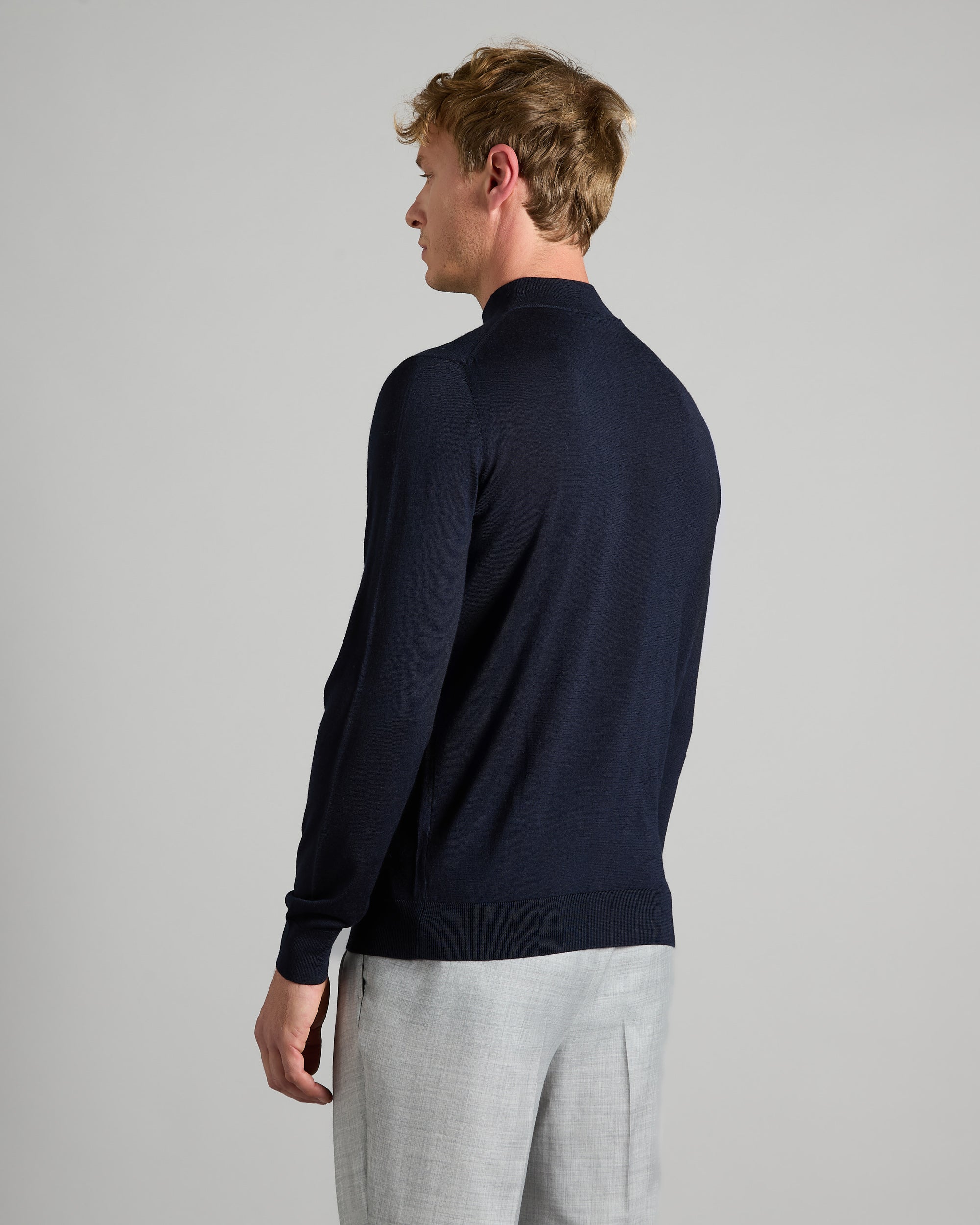 Blue cashmere and silk chimney collar sweater