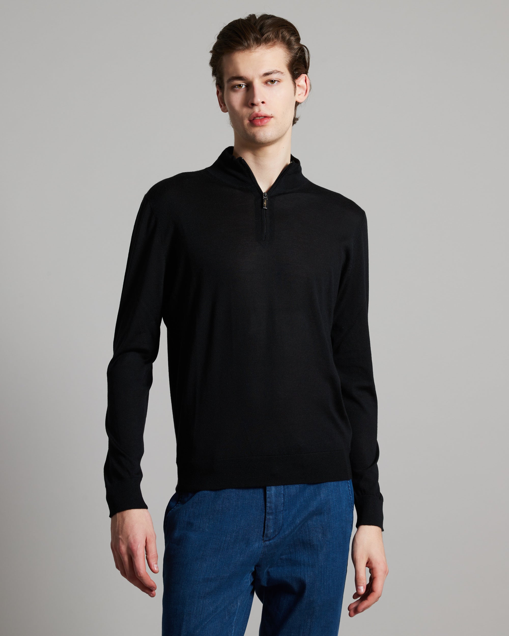 Black cashmere and silk men's zipped mock neck sweater