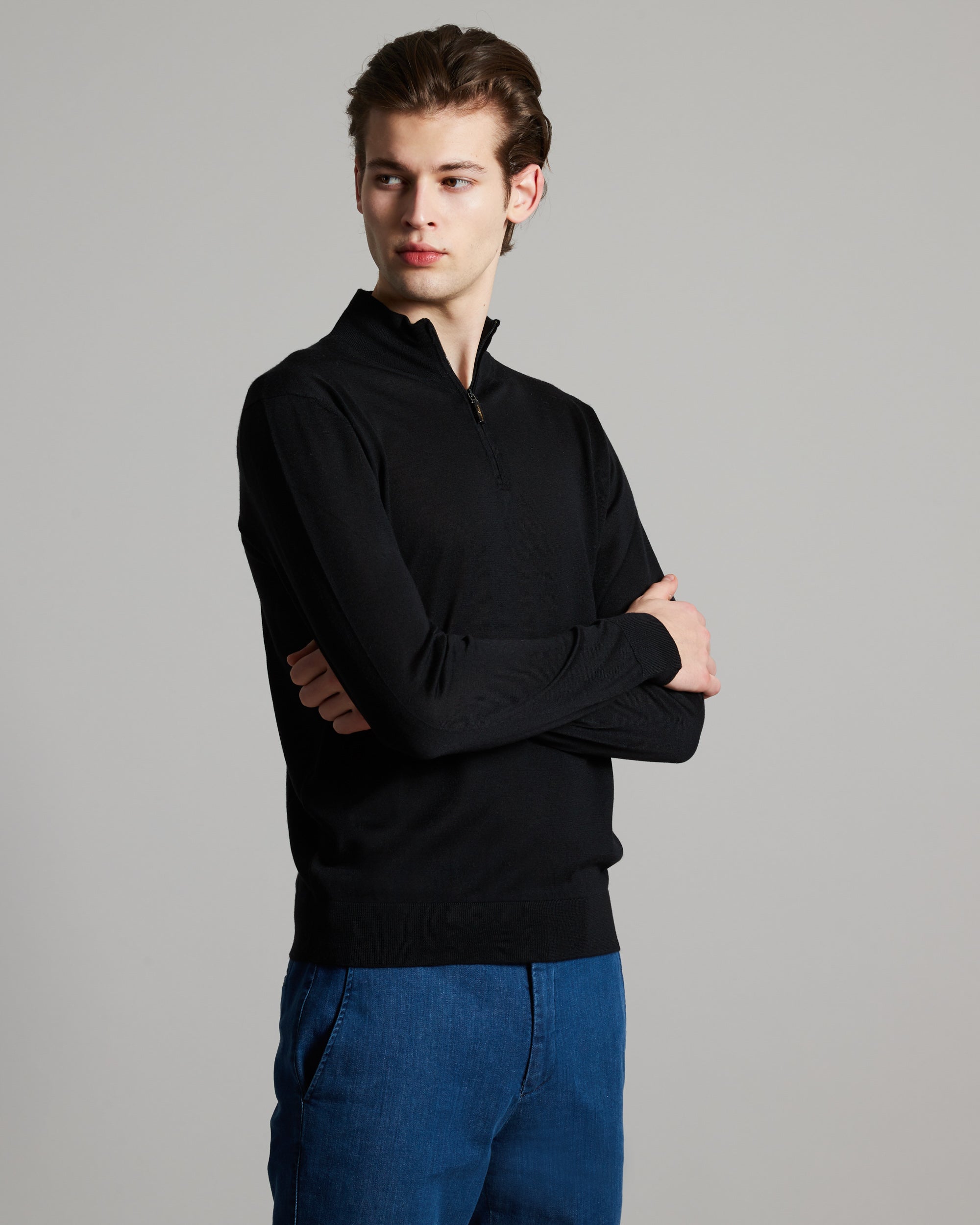Black cashmere and silk men's zipped mock neck sweater