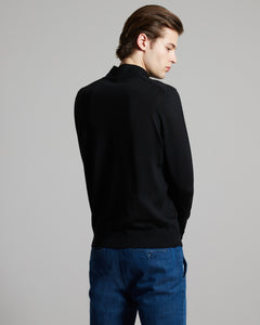 Black cashmere and silk men's zipped mock neck sweater