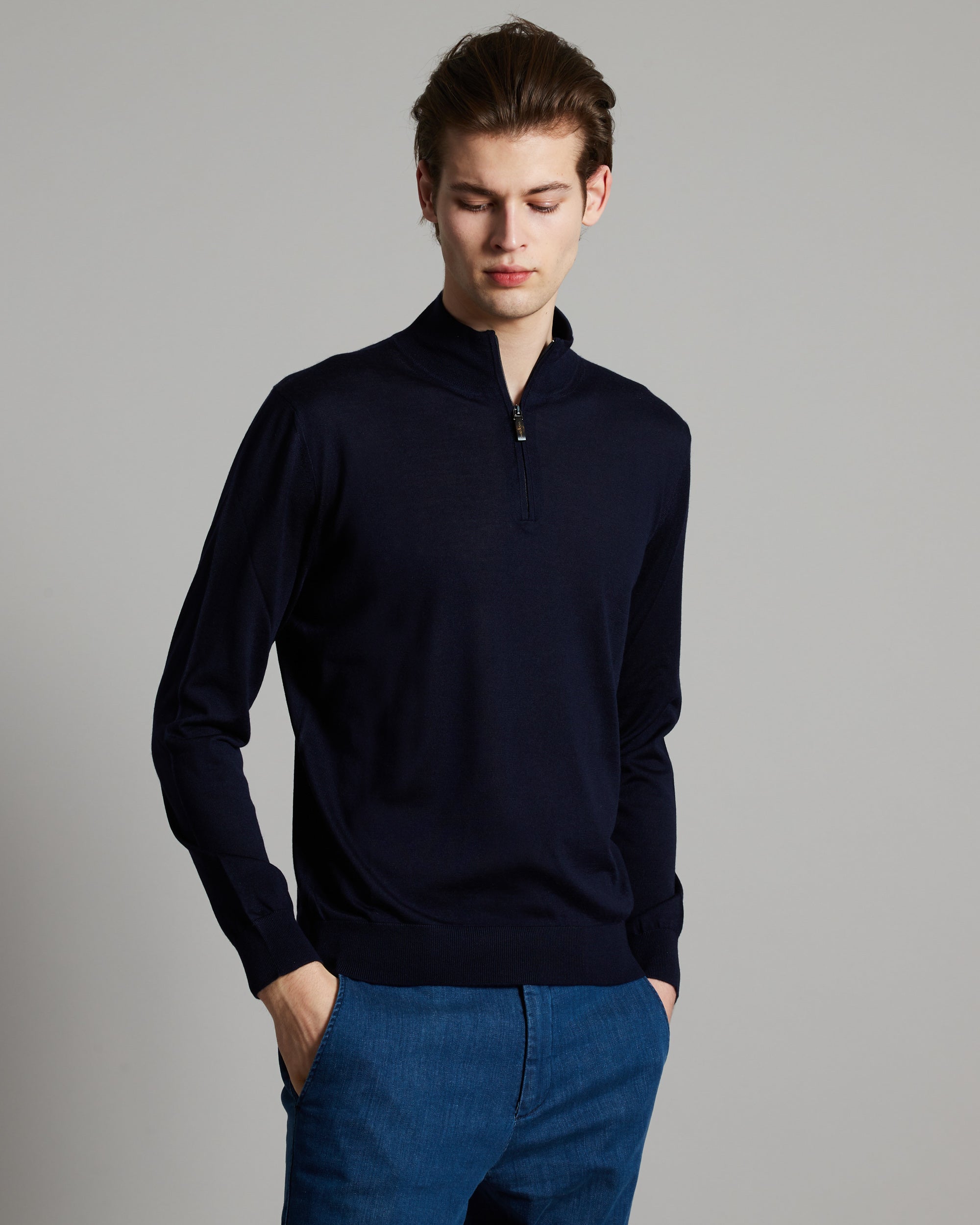 Maglia lupetto zip in cashmere e seta blu