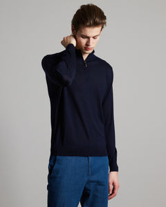 Maglia lupetto zip in cashmere e seta blu