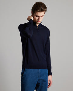 Blue cashmere and silk men's zipped mock neck sweater