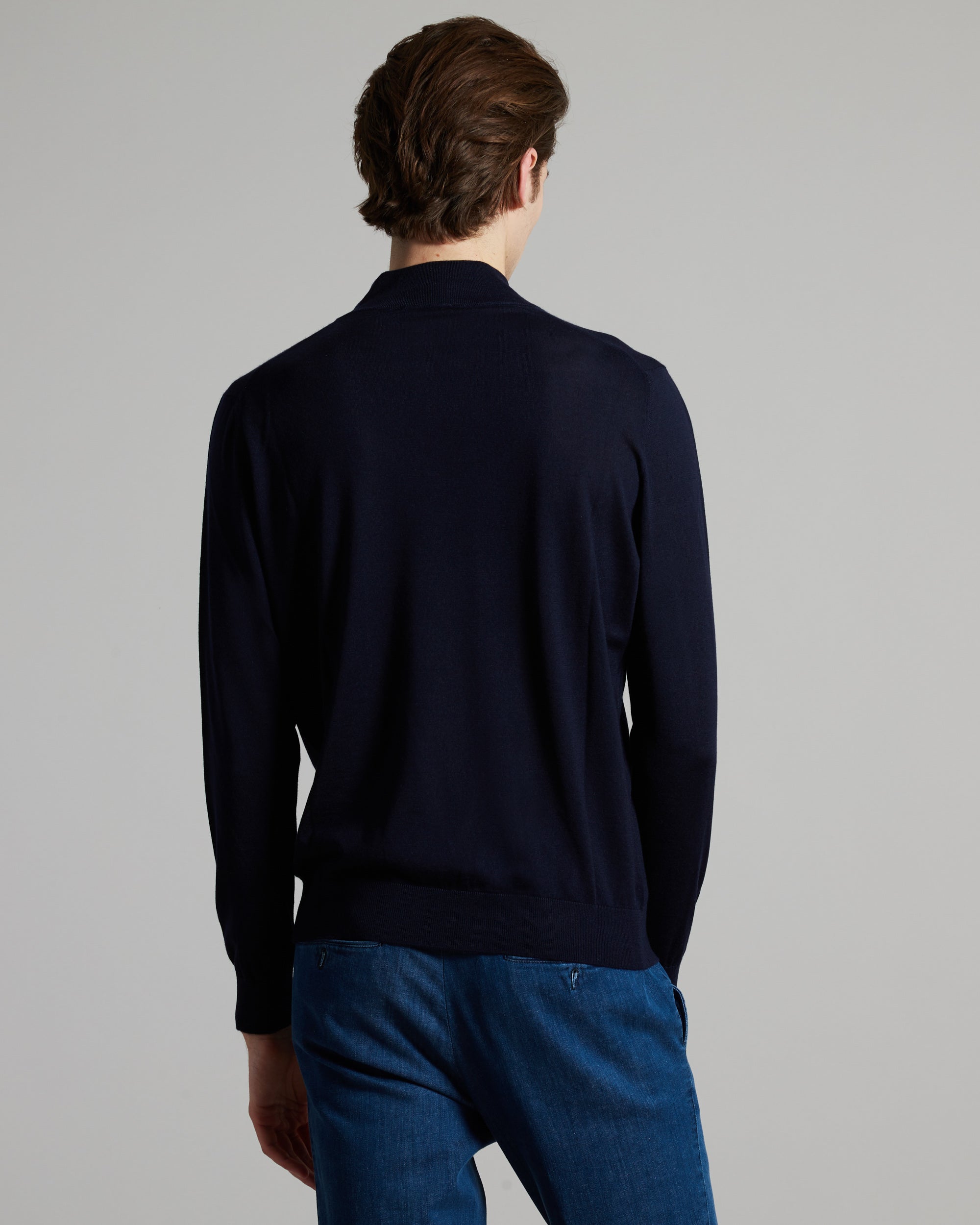 Blue cashmere and silk men's zipped mock neck sweater