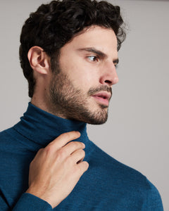 Cobalt blue cashmere and silk men's turtleneck sweater