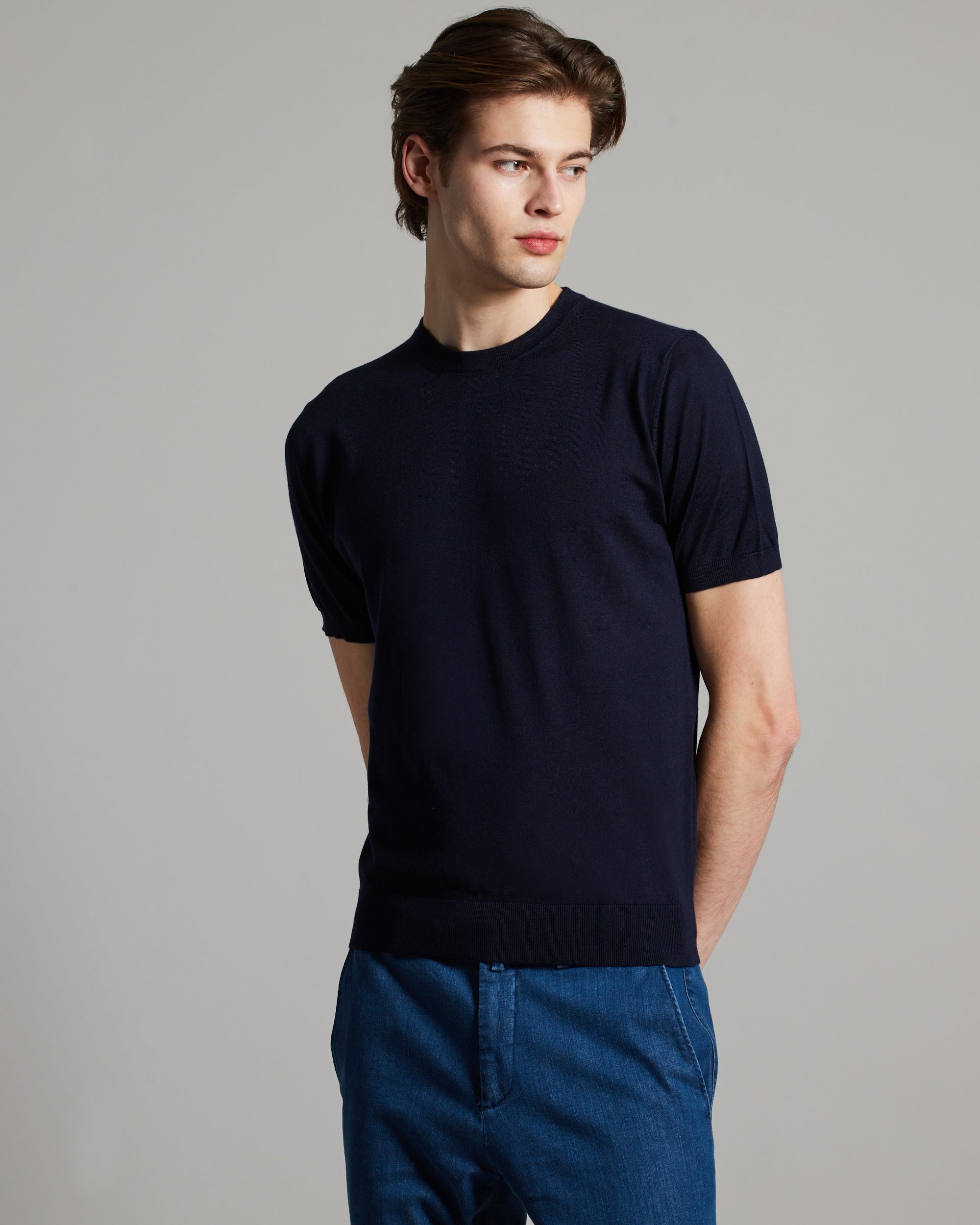 Dark Blue cashmere and silk men's T-SHIRT 2