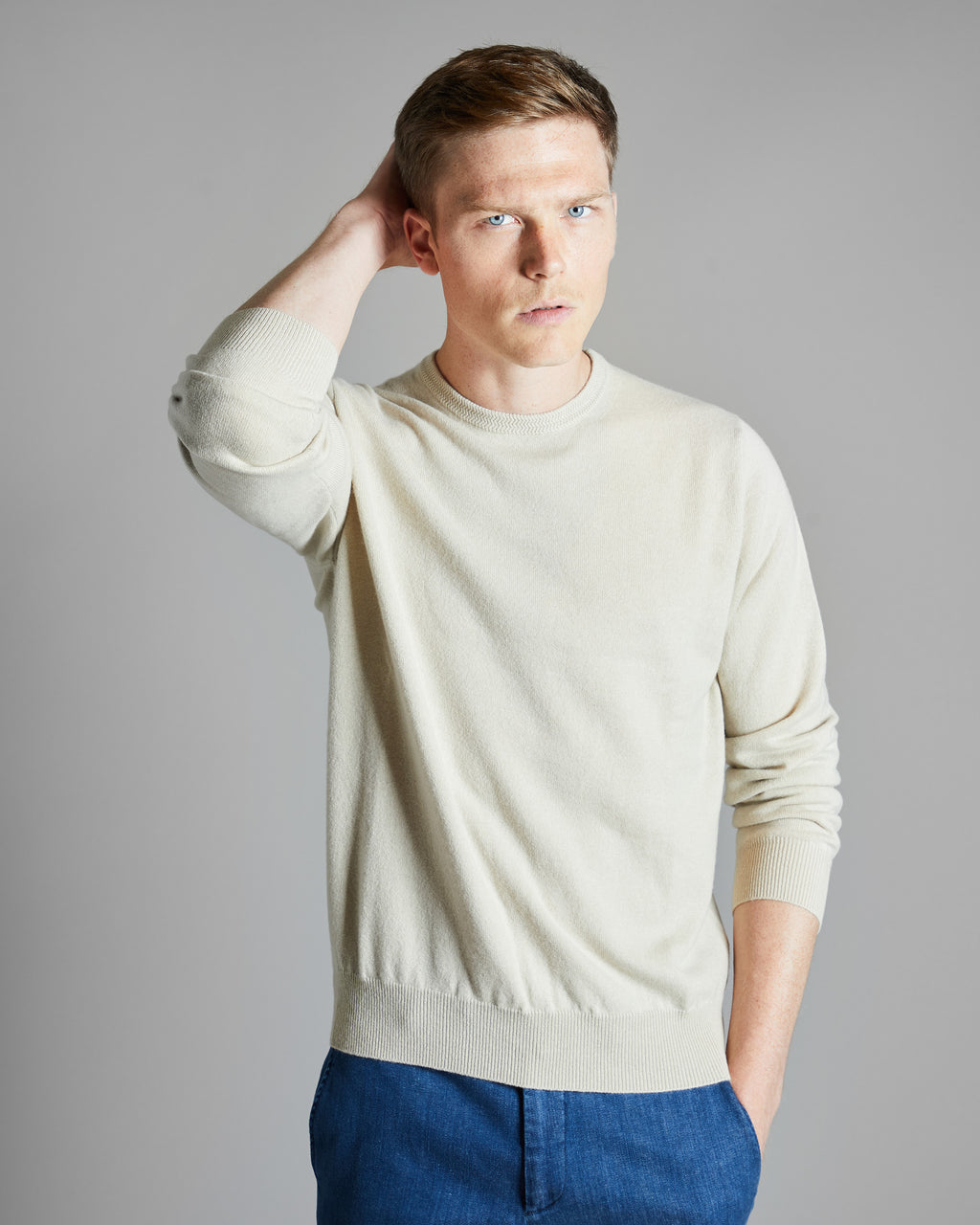 Beige kid cashmere round-neck sweater