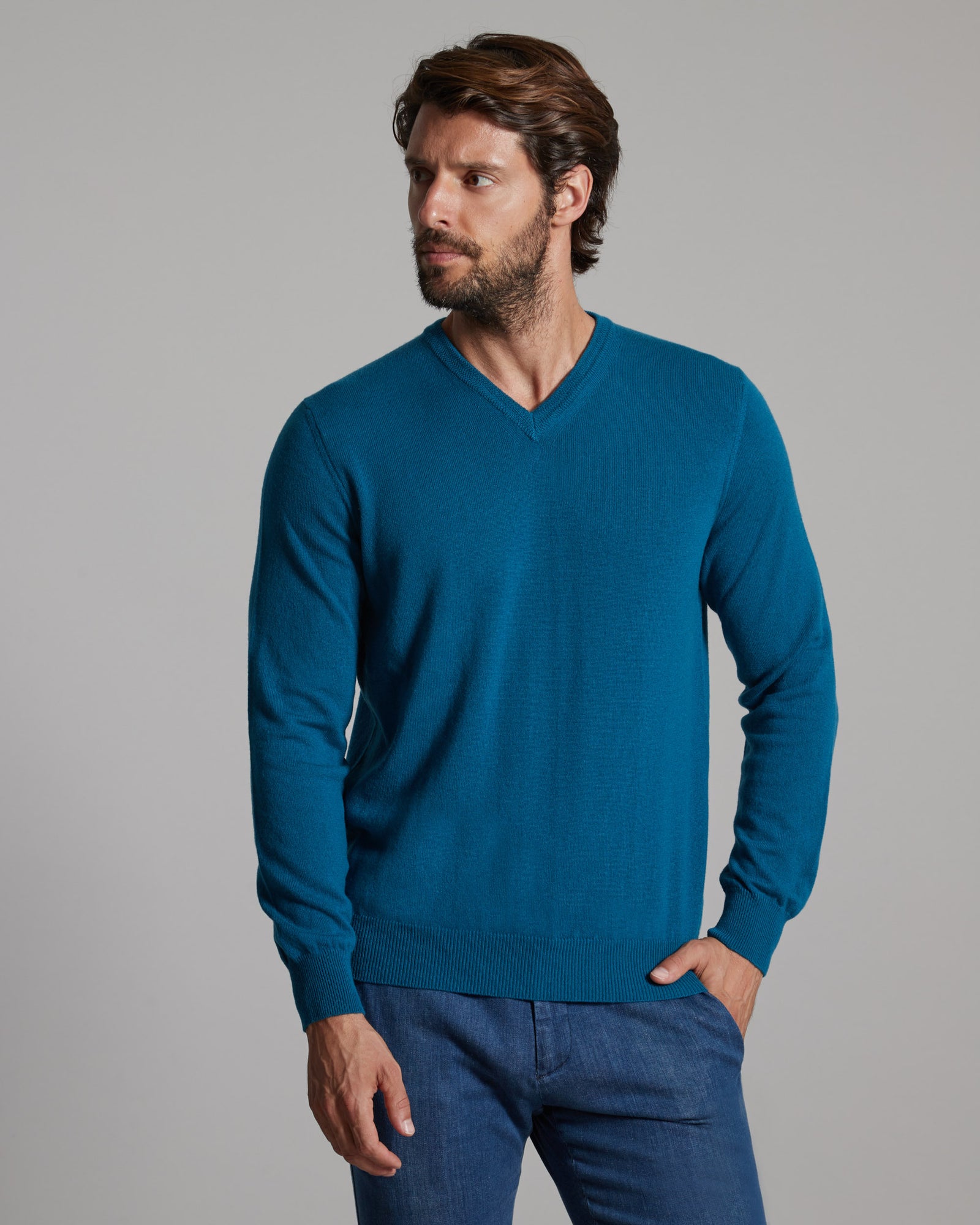 Teal blue kid cashmere V-neck sweater