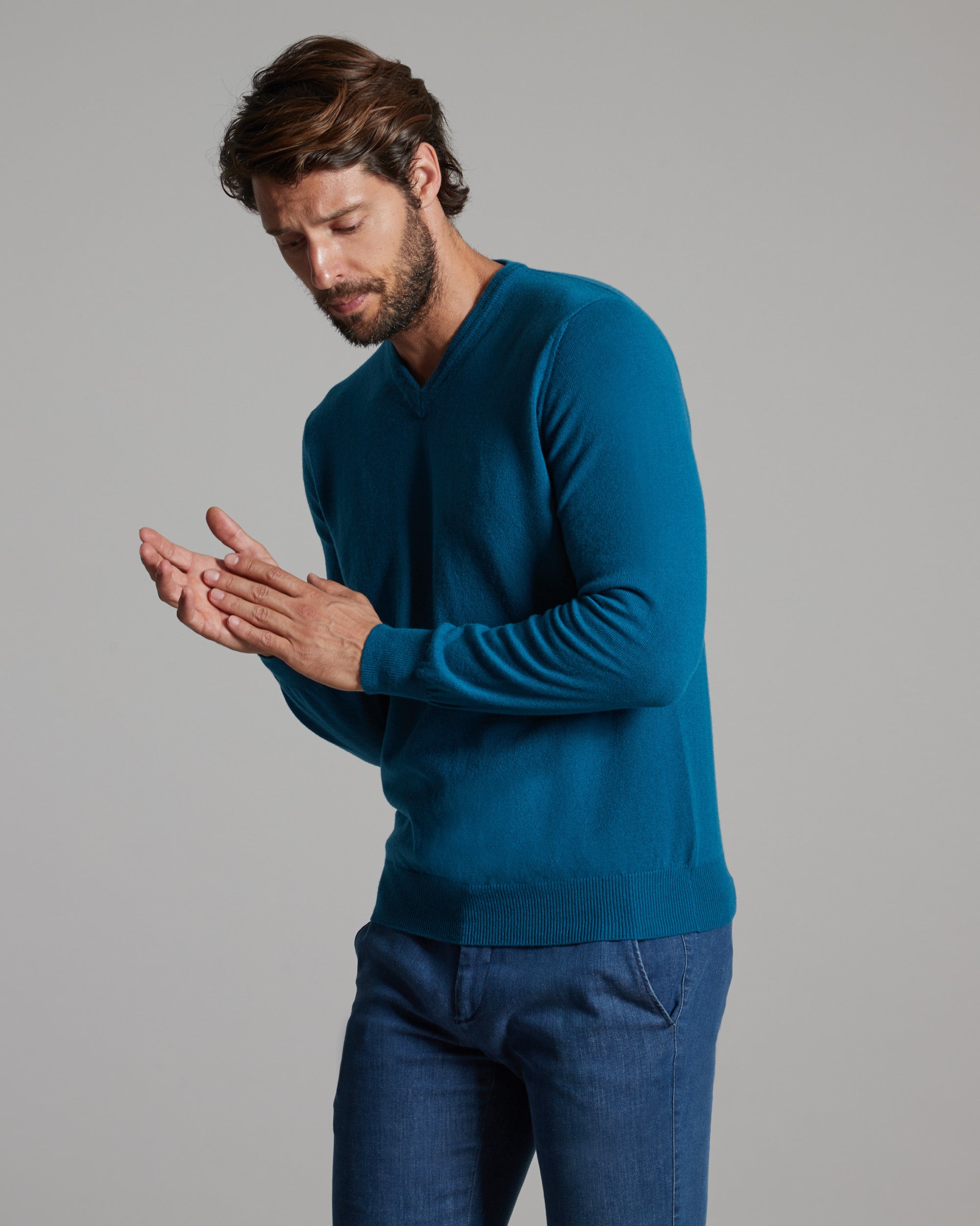 Maglia Scollo V in Kid Cashmere blu ottanio