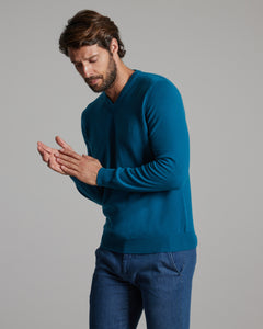 Teal blue kid cashmere V-neck sweater