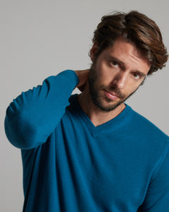 Maglia Scollo V in Kid Cashmere blu ottanio