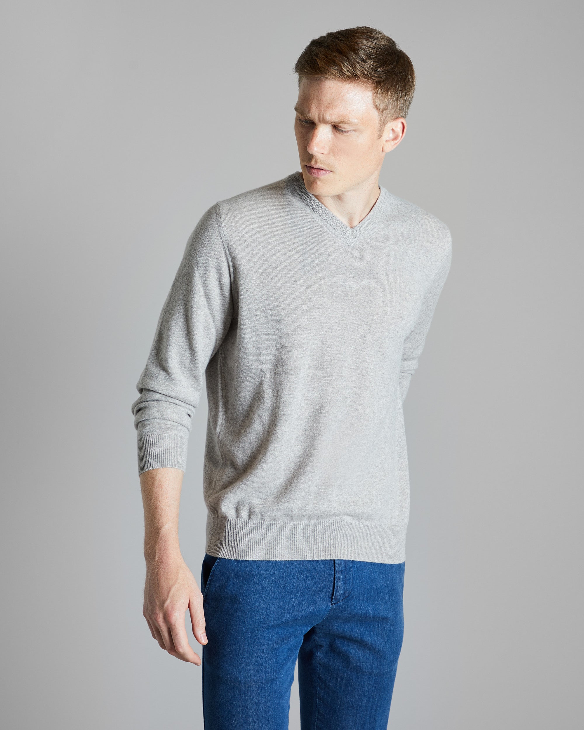 Brown melange kid cashmere V-neck sweater 2