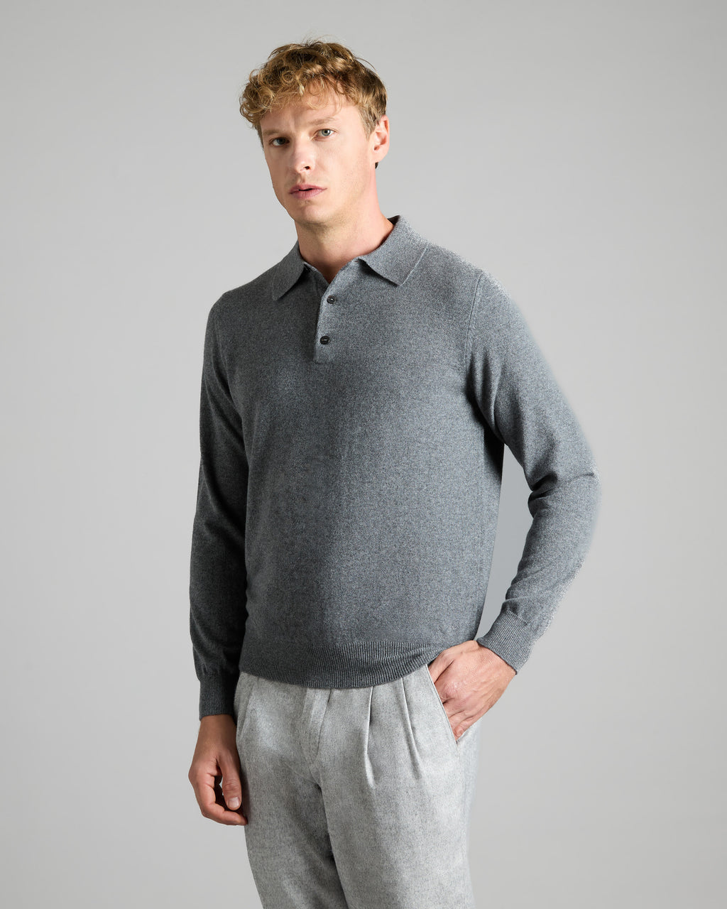 Dark grey kid cashmere long sleeve polo