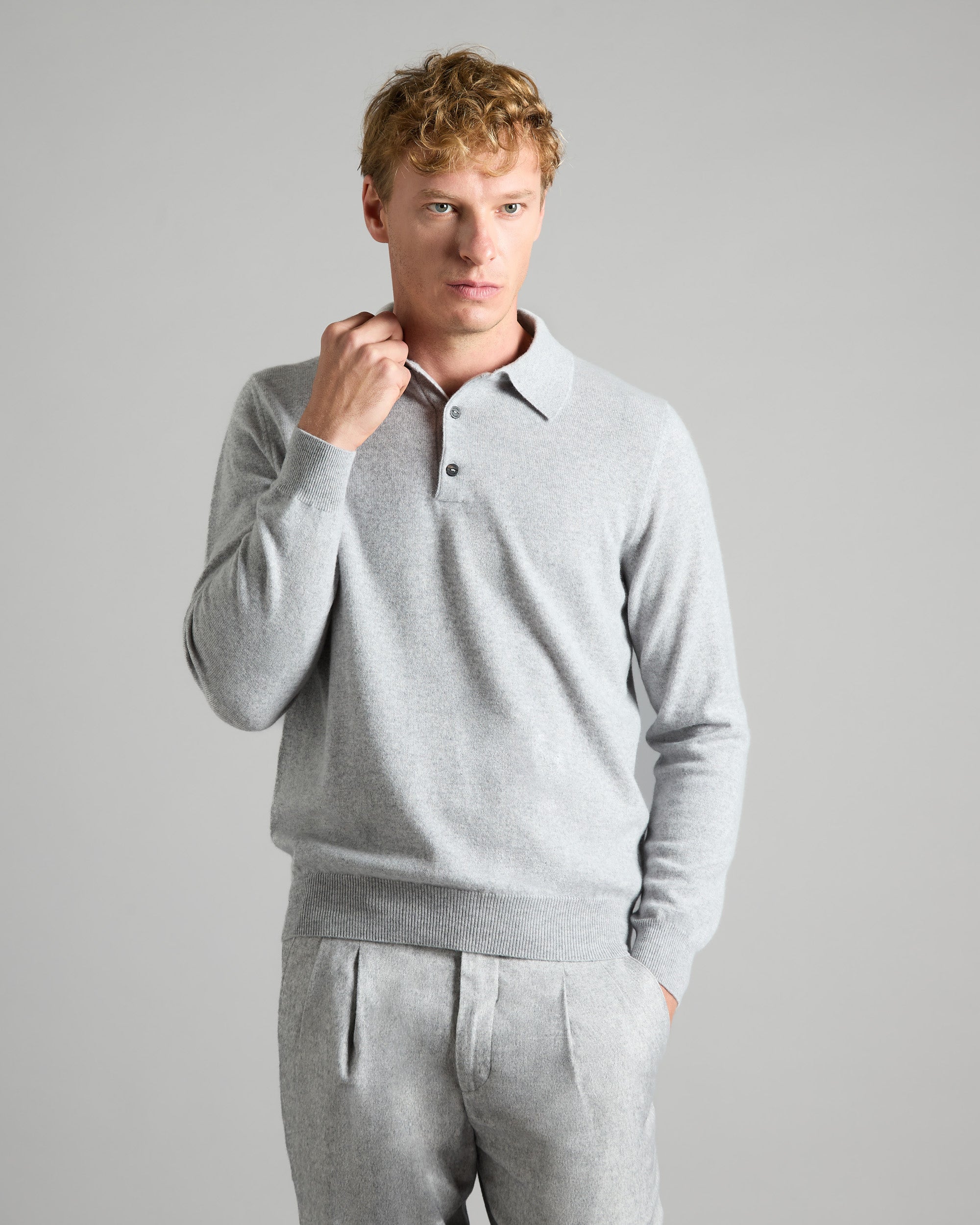 Polo manica lunga in kid cashmere grigio chiaro