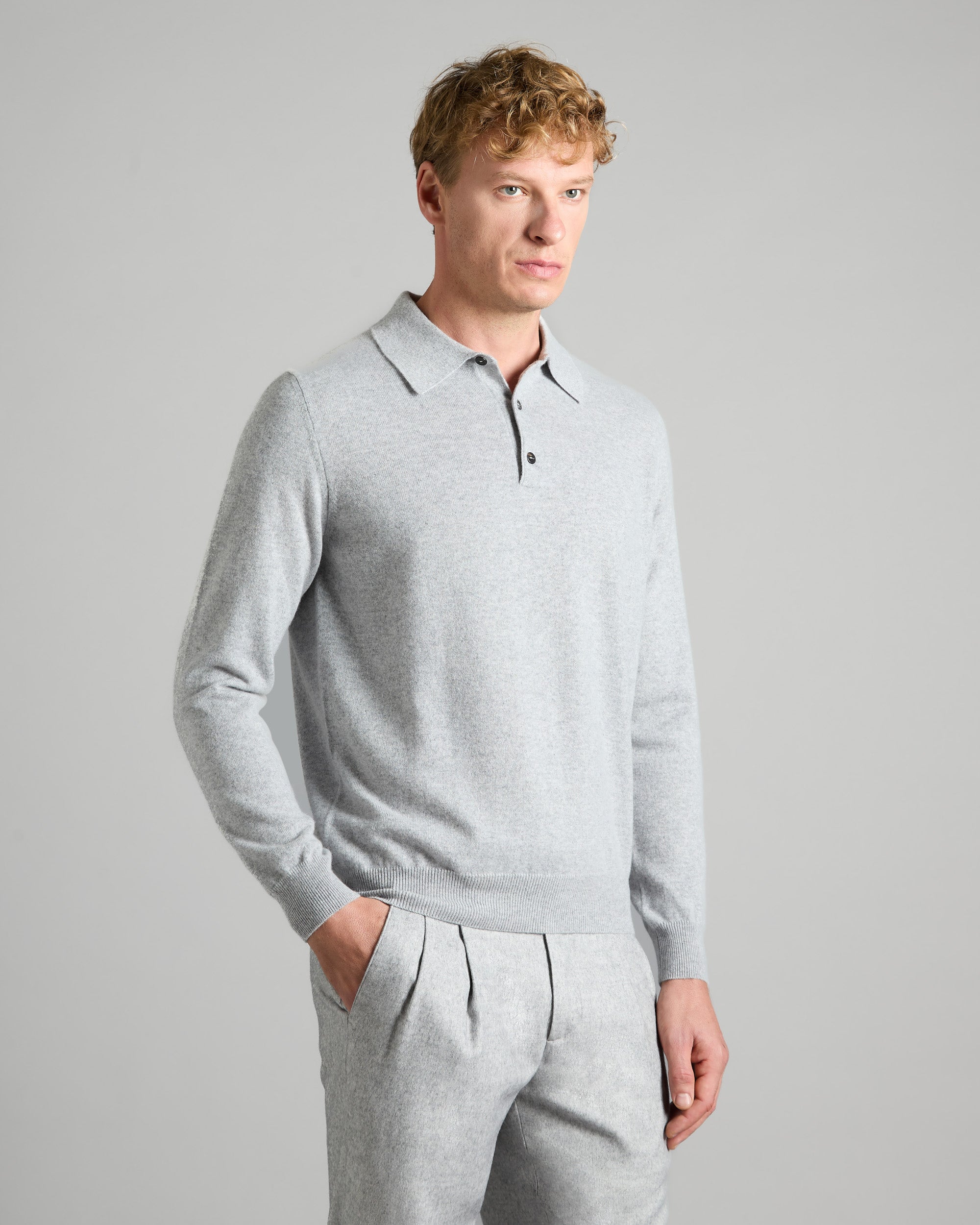 Light grey kid cashmere long sleeve polo
