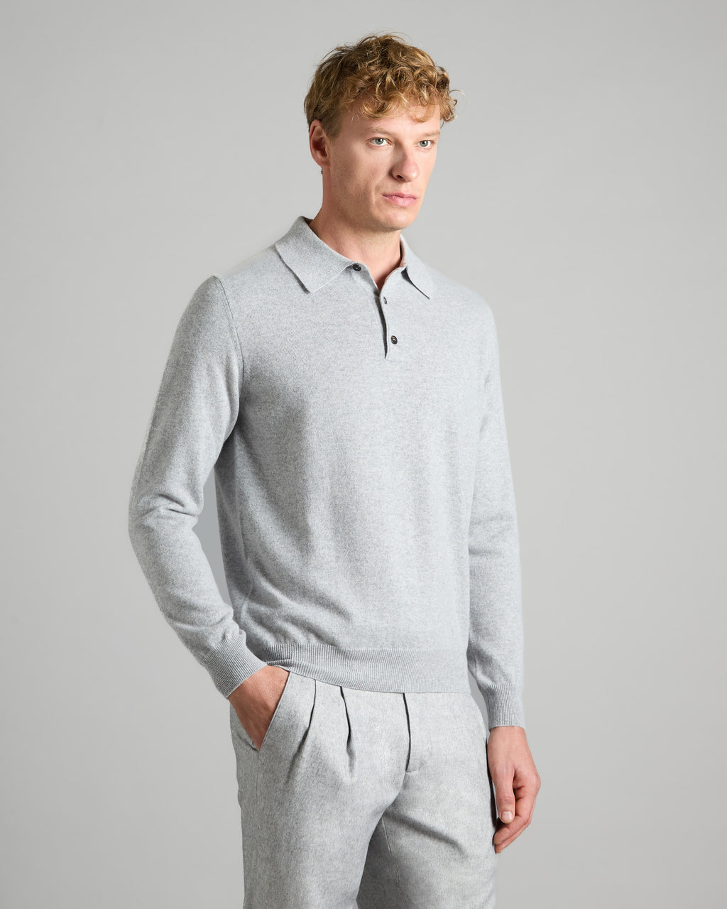 Light grey kid cashmere long sleeve polo