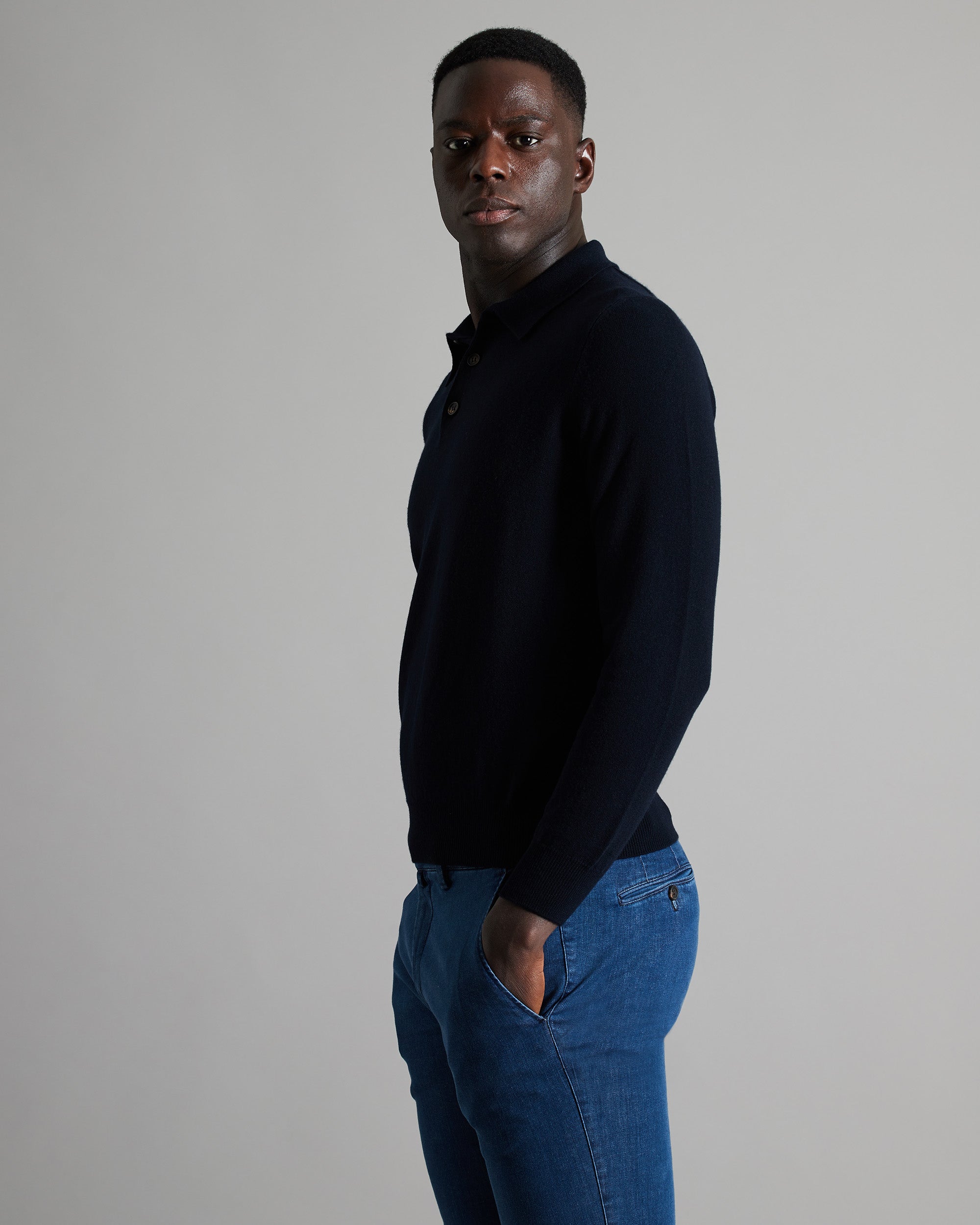 Navy blue Kid Cashmere polo shirt with long sleeves 2
