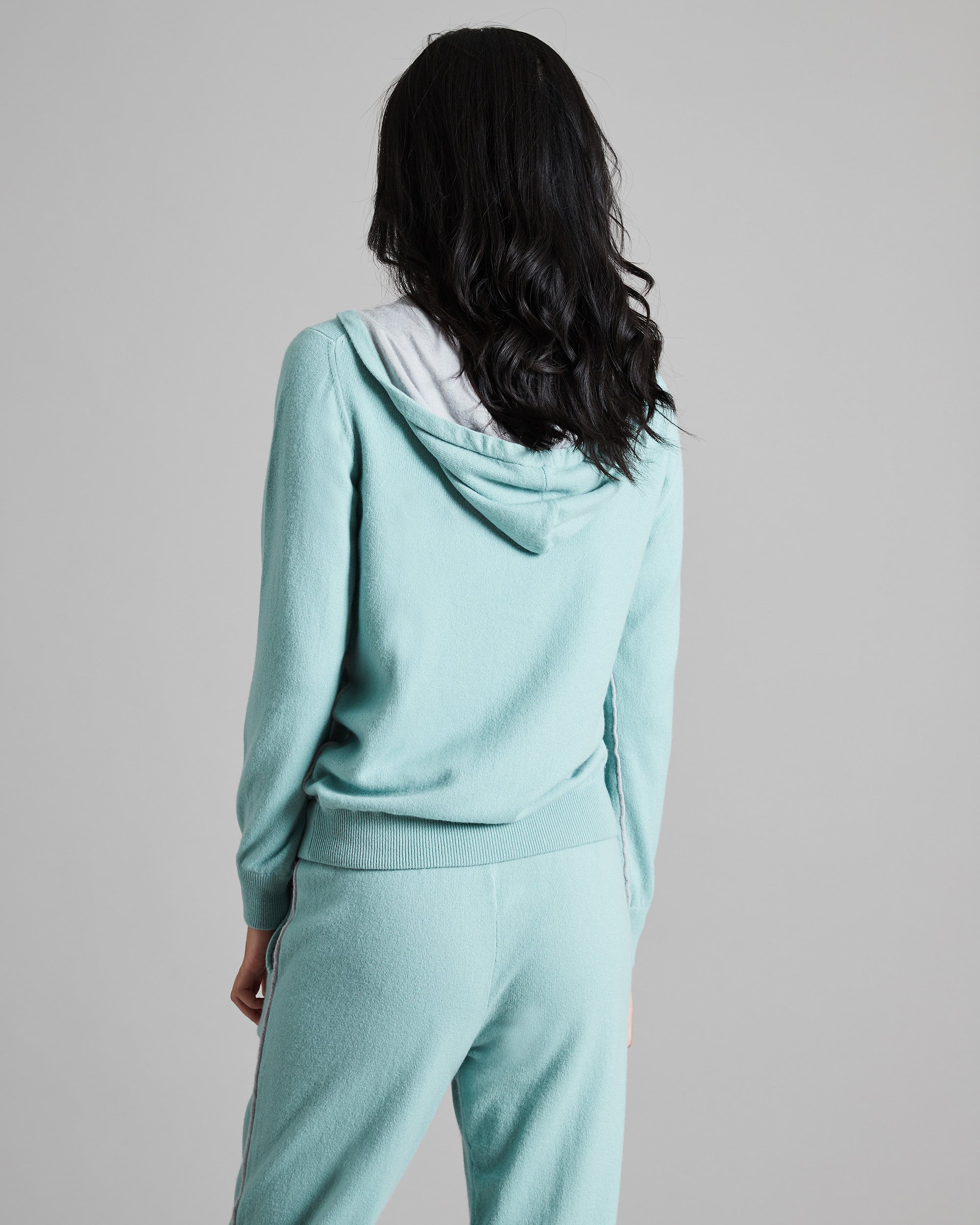 Aqua Green Kid Cashmere hoodie with cashmere and silk profiles