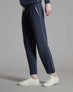 Pantalone jogging blu in Kid Cashmere con profili in cashmere e seta