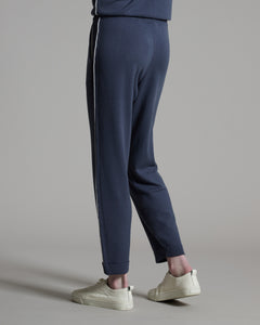 Pantalone jogging blu in Kid Cashmere con profili in cashmere e seta