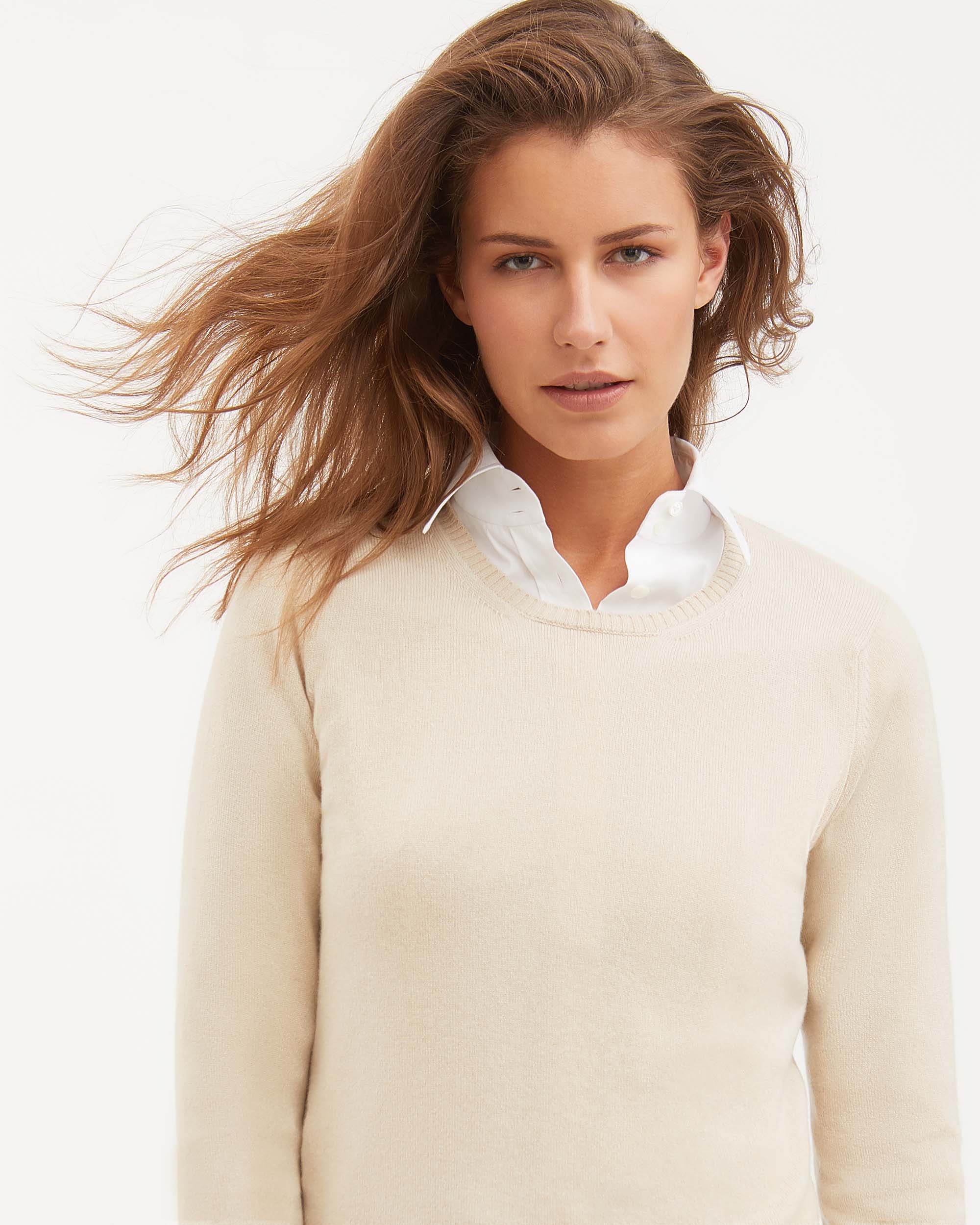 Natural beige kid cashmere round-neck sweater