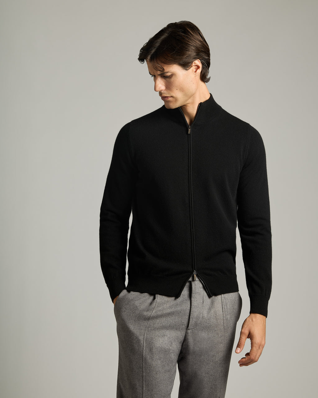 Zipped Black Kid cashmere cardigan