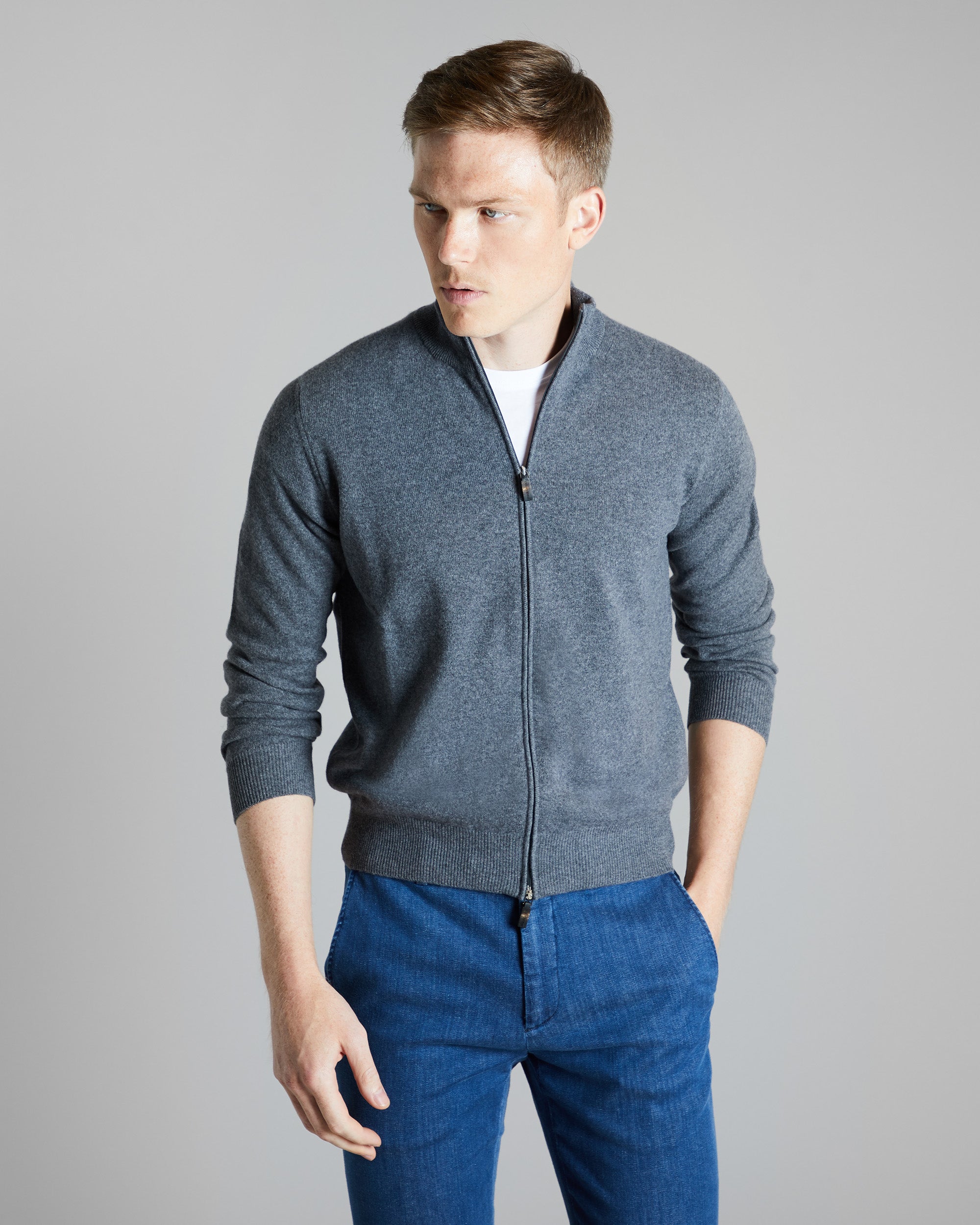 Cardigan Zip in Kid cashmere grigio medio