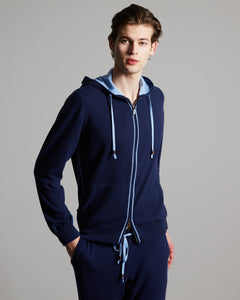 Felpa Zip con cappuccio in kid cashmere blu navy